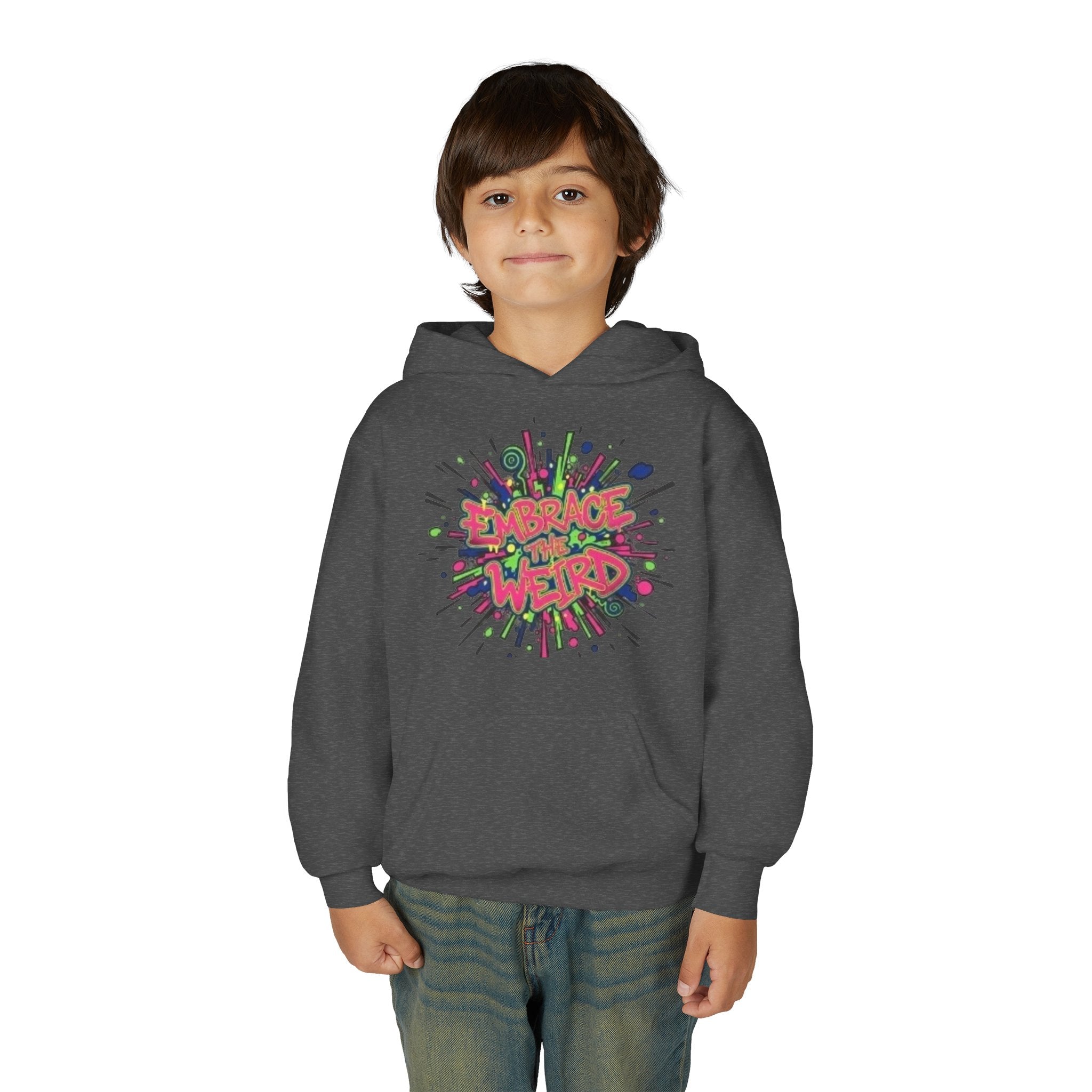 Youth Hoodie — "Embrace the Weird" Colorful Graffiti Graphic