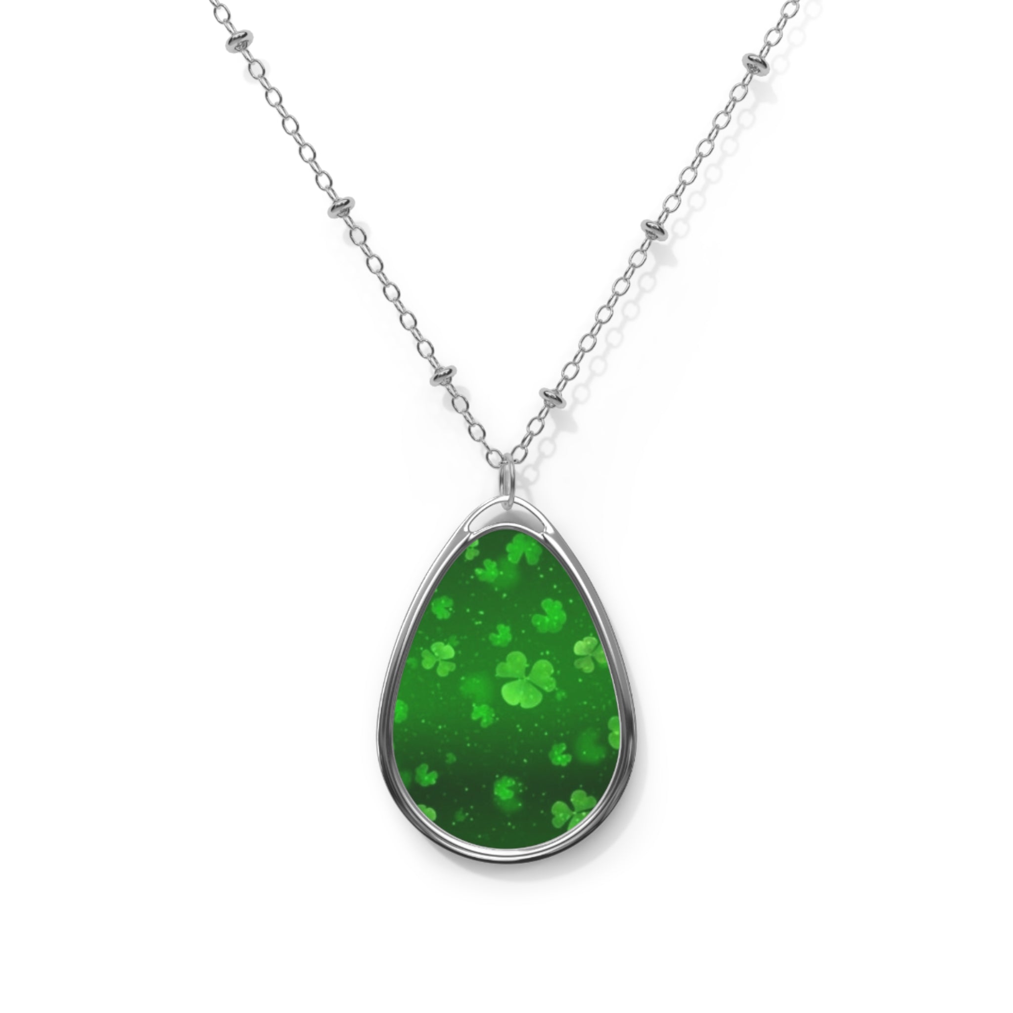 St. Patrick’s Day Oval Pendant Necklace — Green Shamrock Teardrop Locket
