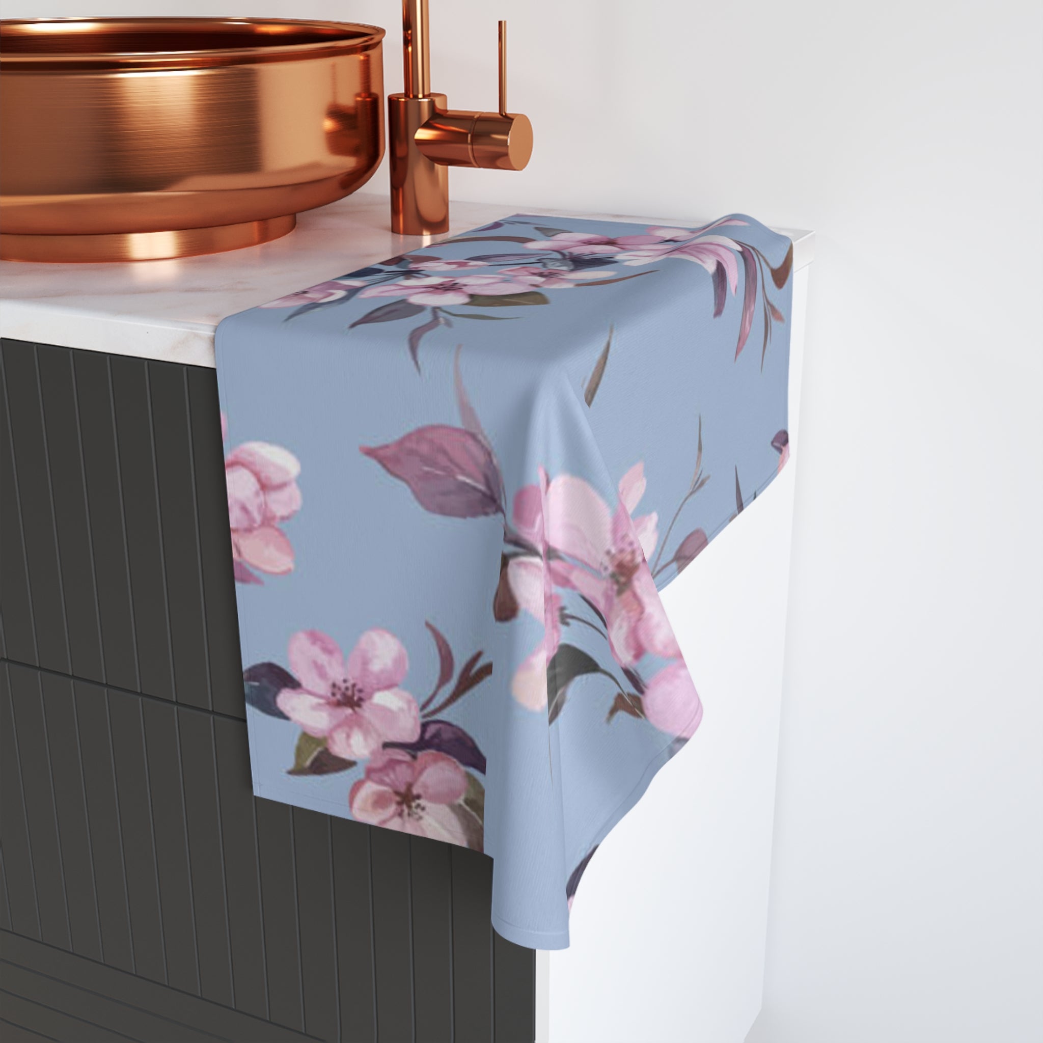 Floral Blossom Hand Towel — Pink Cherry Flowers on Dusty Blue