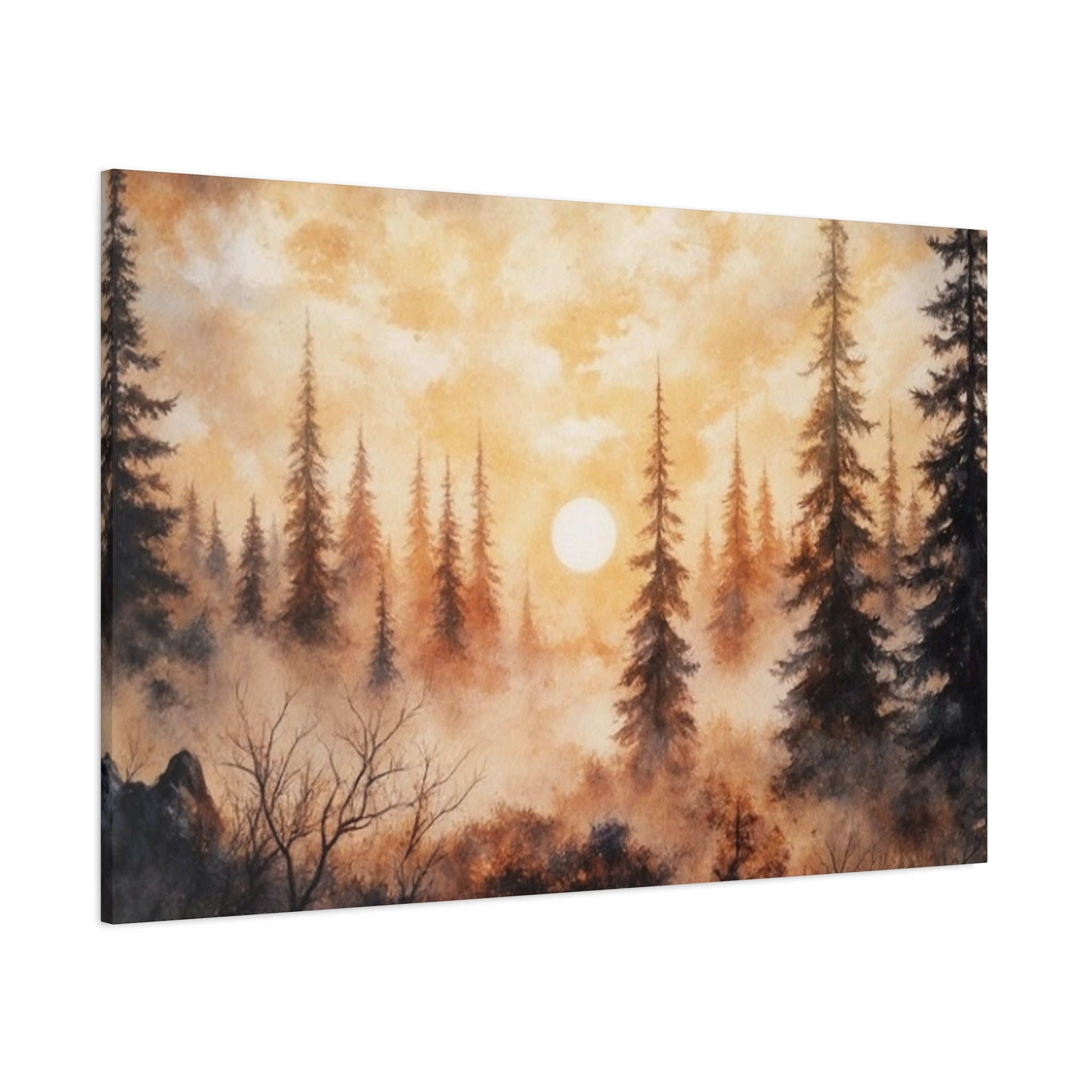 Canvas Wall Art - Misty Pine Forest Sunrise Matte Stretched Canvas