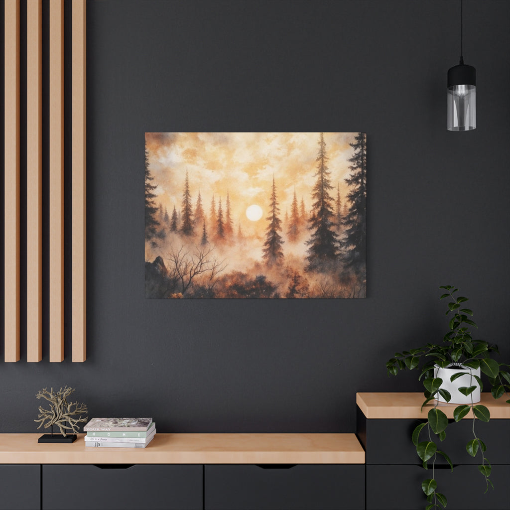 Canvas Wall Art - Misty Pine Forest Sunrise Matte Stretched Canvas