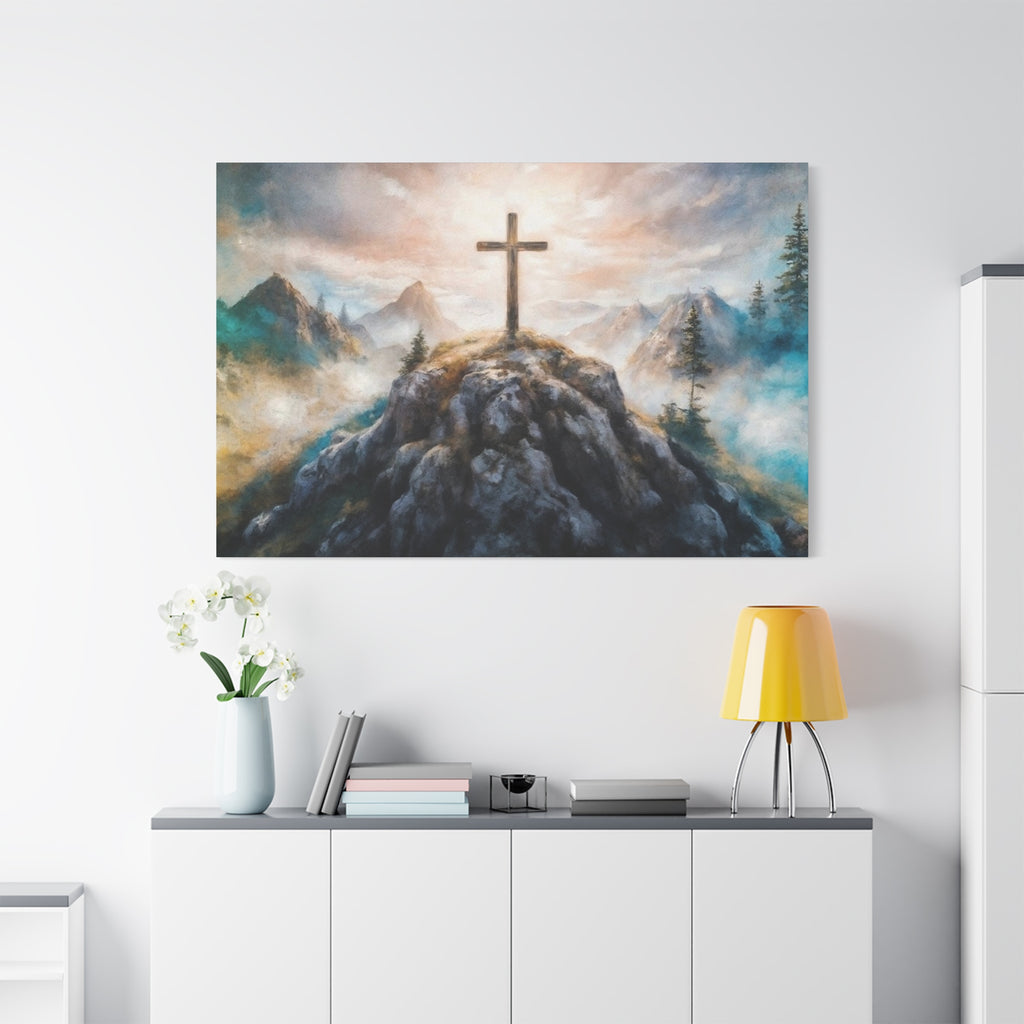Cross on Mountain Matte Canvas Wall Art — Christian Inspirational Landscape