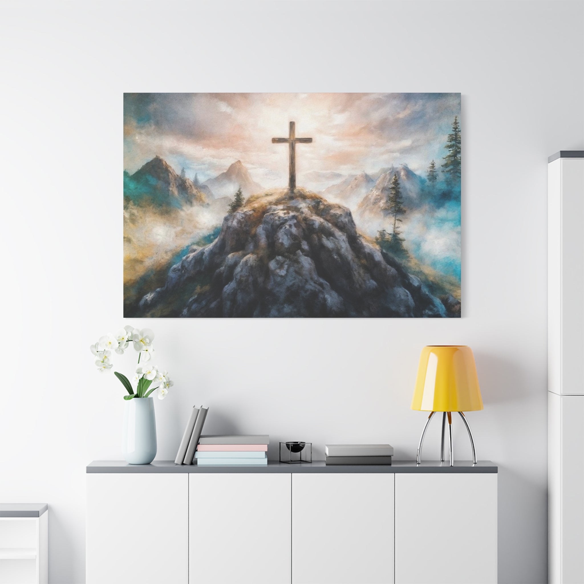 Cross on Mountain Matte Canvas Wall Art — Christian Inspirational Landscape