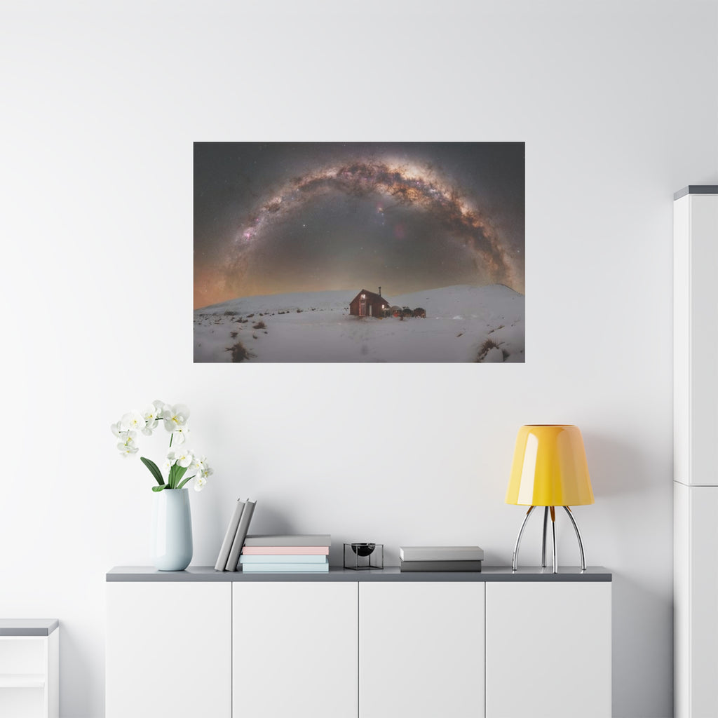 Milky Way Over Snowy Cabin — Matte Stretched Canvas Wall Art