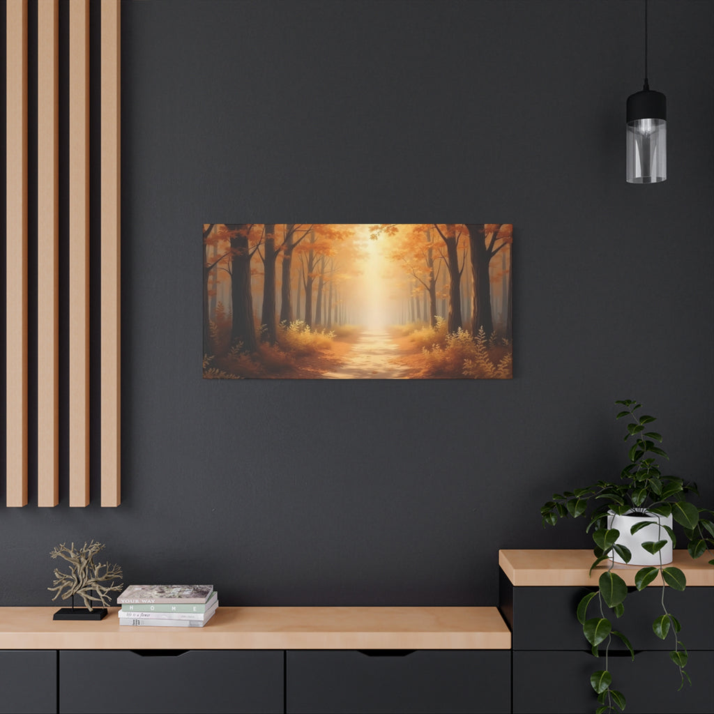 Autumn Forest Path Matte Canvas Wall Art — Golden Sunlit Woodland Scene