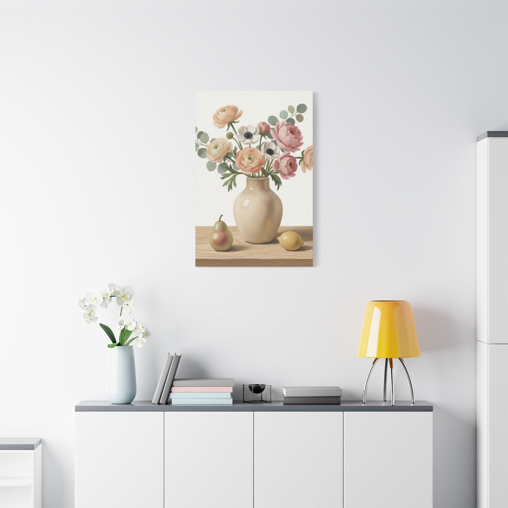 Floral Vase Canvas Wall Art — Pastel Peonies & Ranunculus Stretched Print