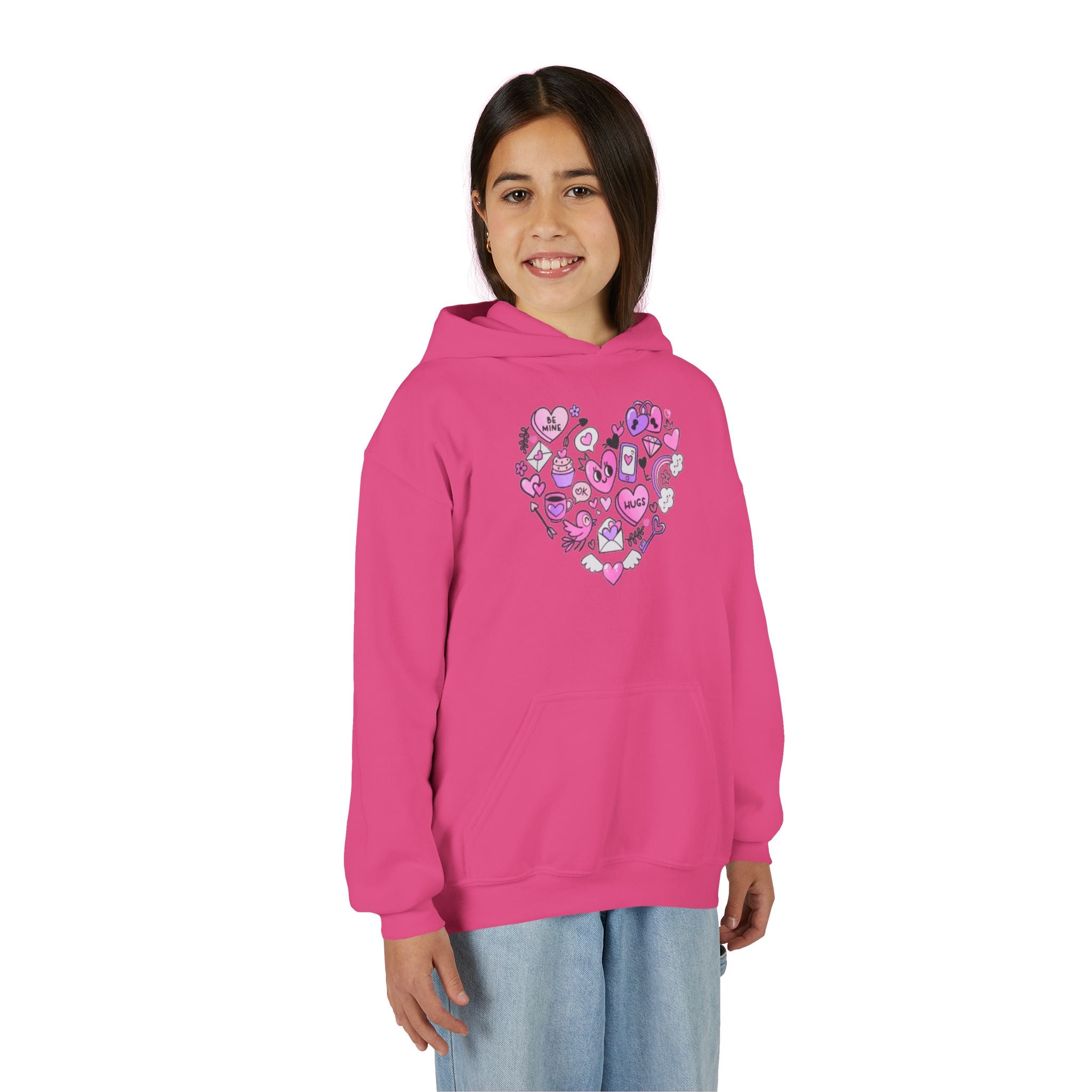 Youth Heart Doodle Hoodie — Pink Valentine Love Graphic Sweatshirt