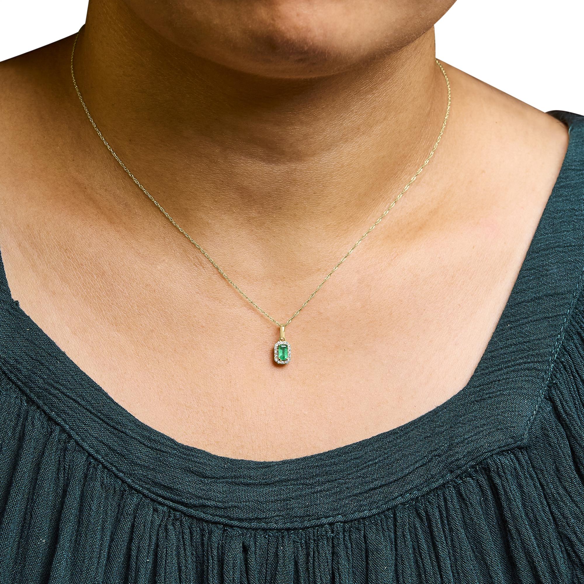 10K Yellow Gold 5x3mm Green Emerald and Diamond Accent Halo Octagonal Shape 18" Pendant Necklace (I-J Color, I1-I2 Clarity)-3