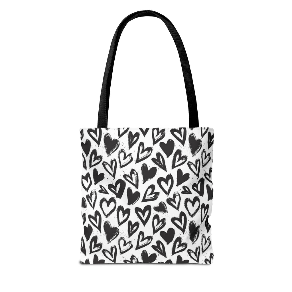 Heart Pattern Tote Bag — Black & White Hand-Drawn Hearts All-Over Print