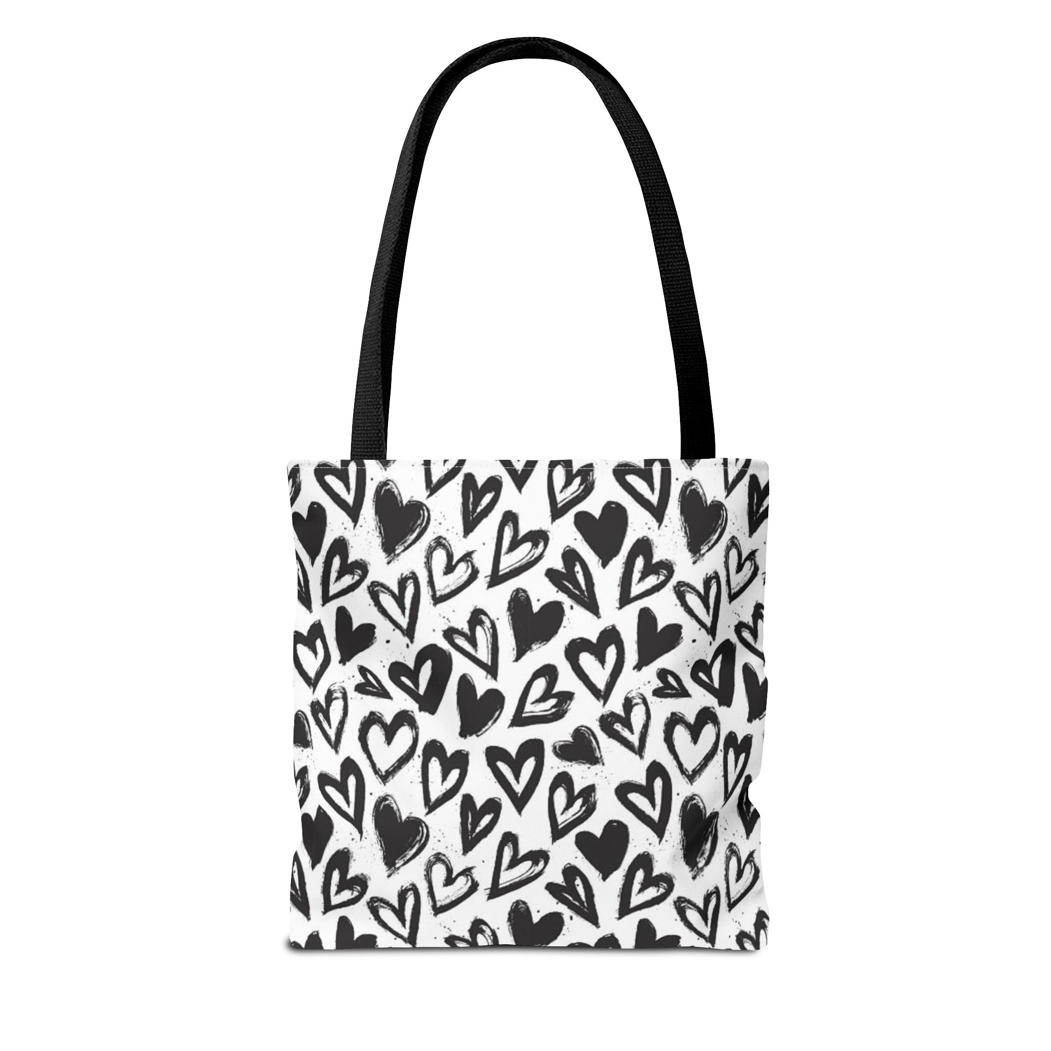 Heart Pattern Tote Bag — Black & White Hand-Drawn Hearts All-Over Print