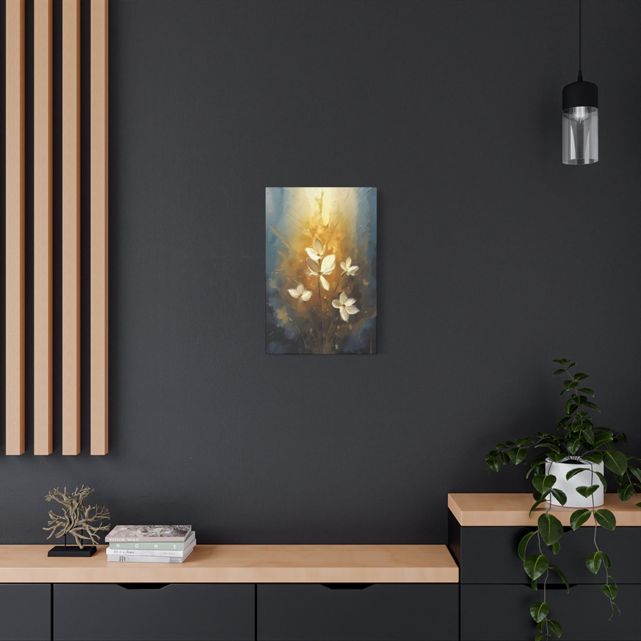 Golden Floral Canvas Print – Abstract White Flowers on Matte Stretched Canvas
