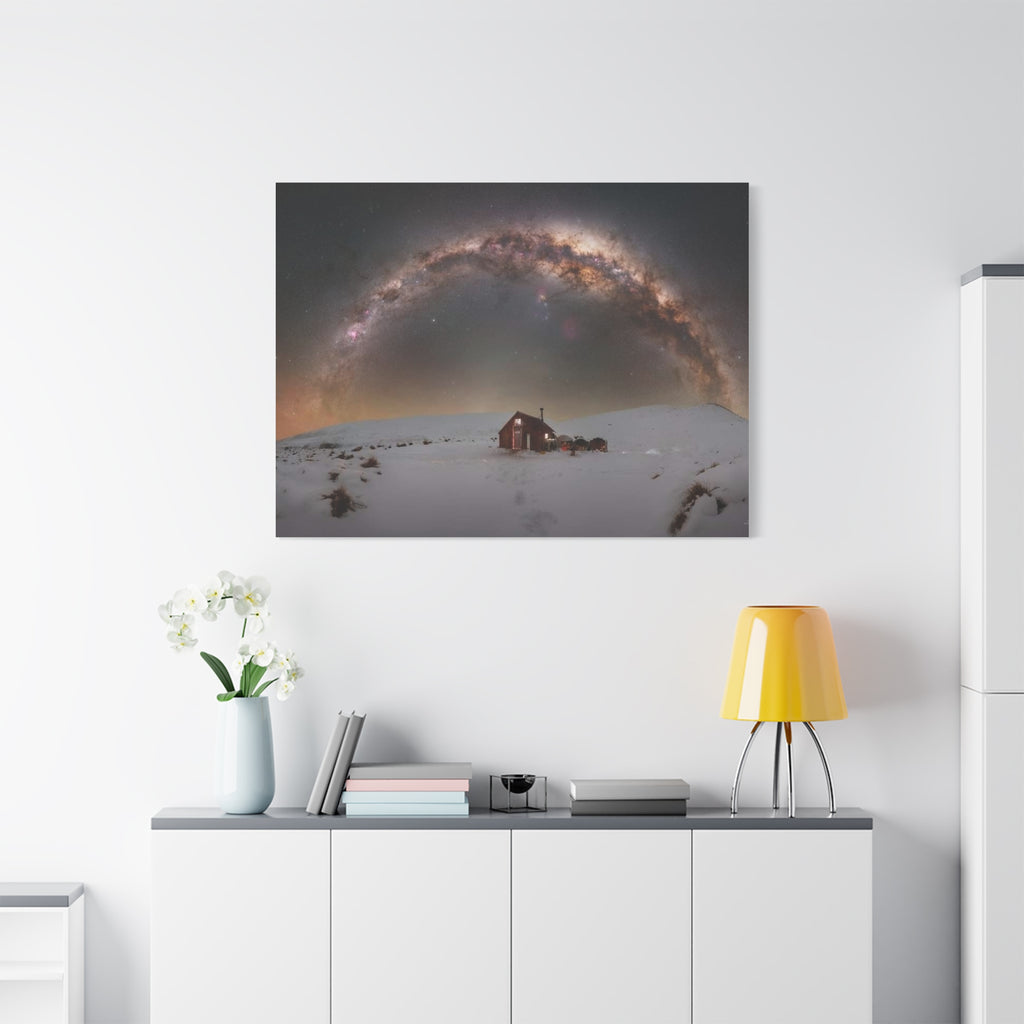 Milky Way Over Snowy Cabin — Matte Stretched Canvas Wall Art