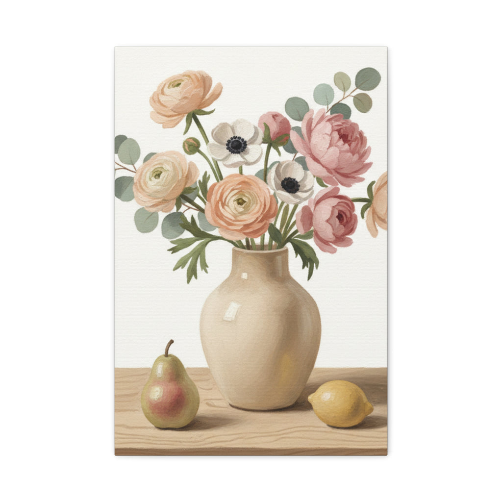 Floral Vase Canvas Wall Art — Pastel Peonies & Ranunculus Stretched Print