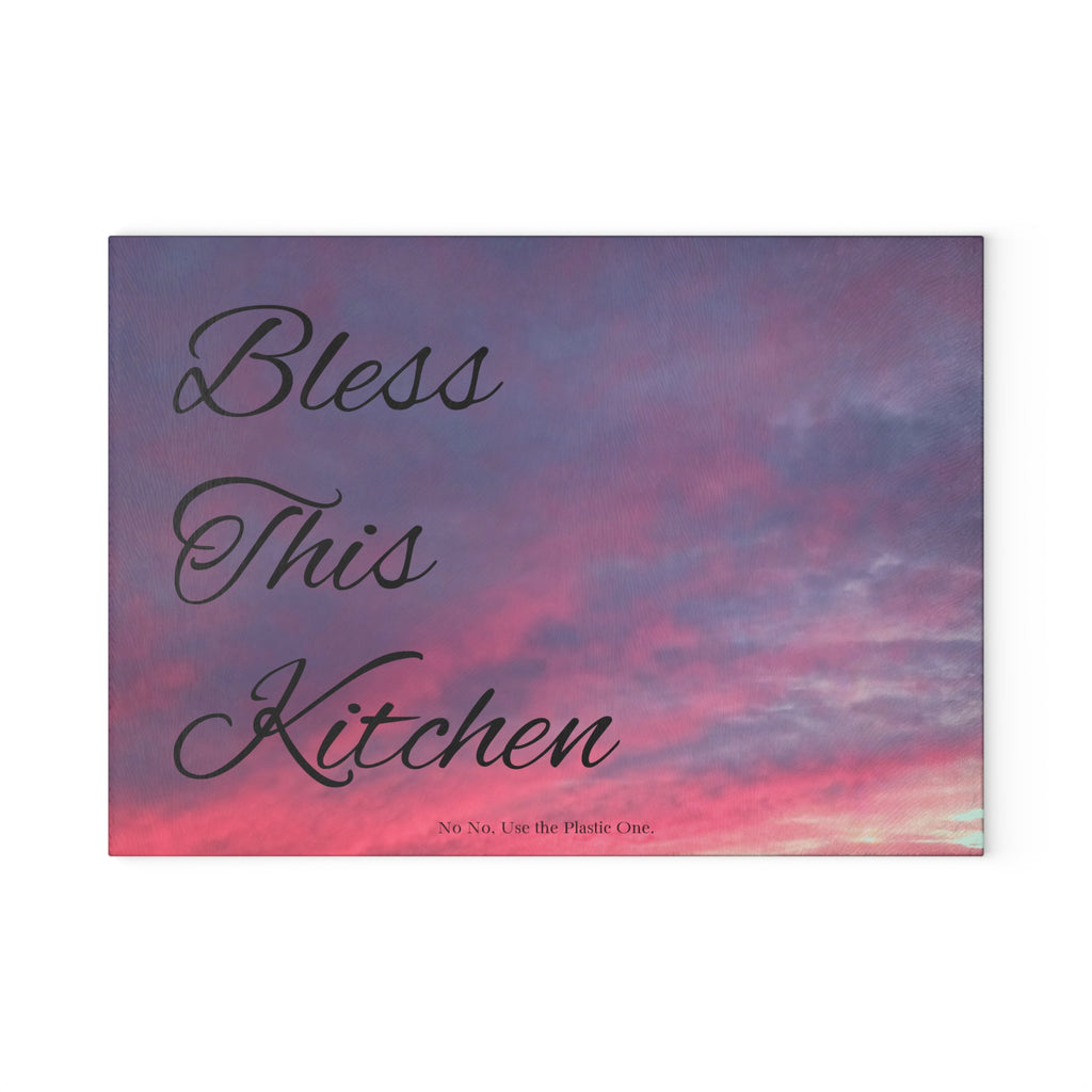 Glass Cutting Board – "Bless This Kitchen" Sunset Sky Decorative Chopping Board