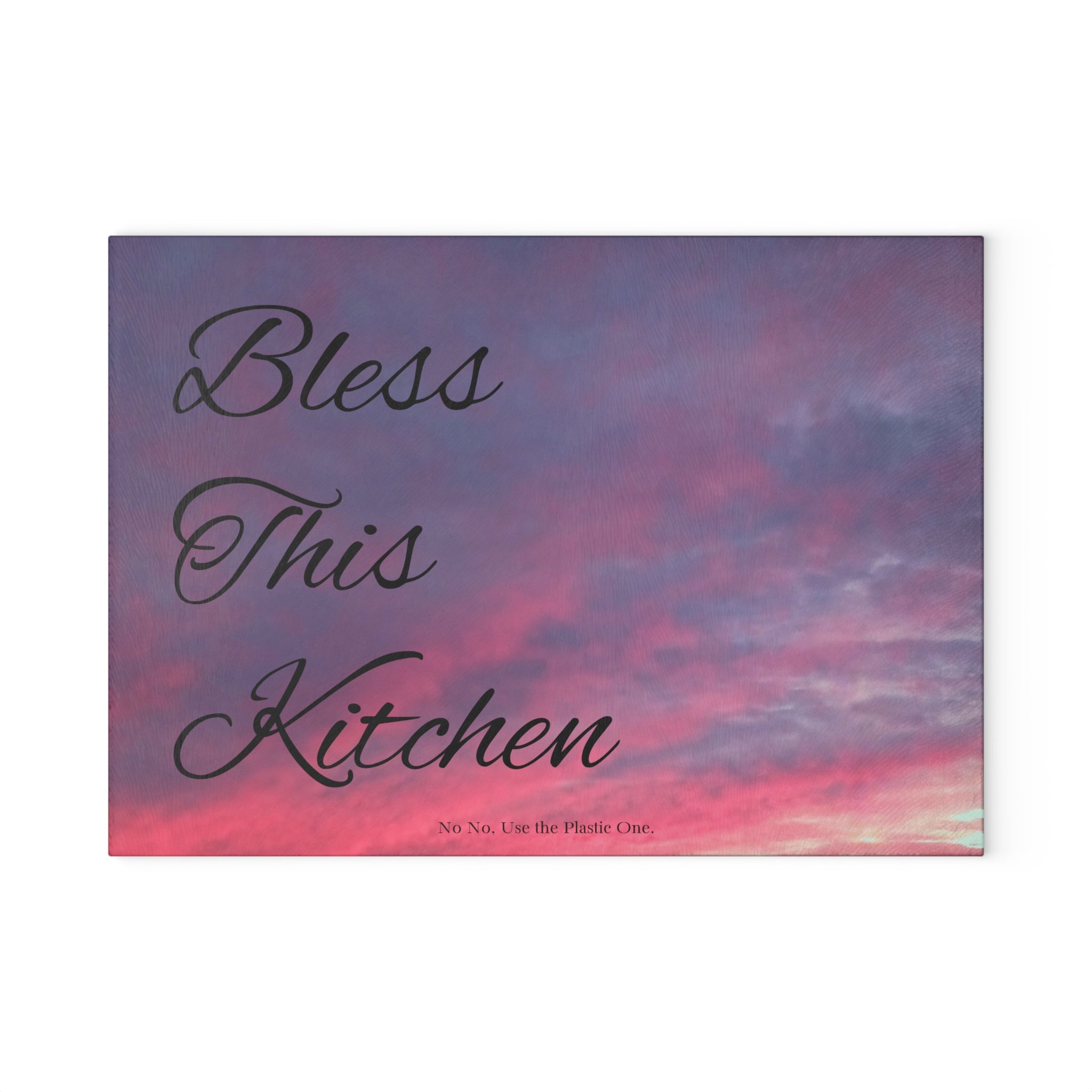 Glass Cutting Board – "Bless This Kitchen" Sunset Sky Decorative Chopping Board