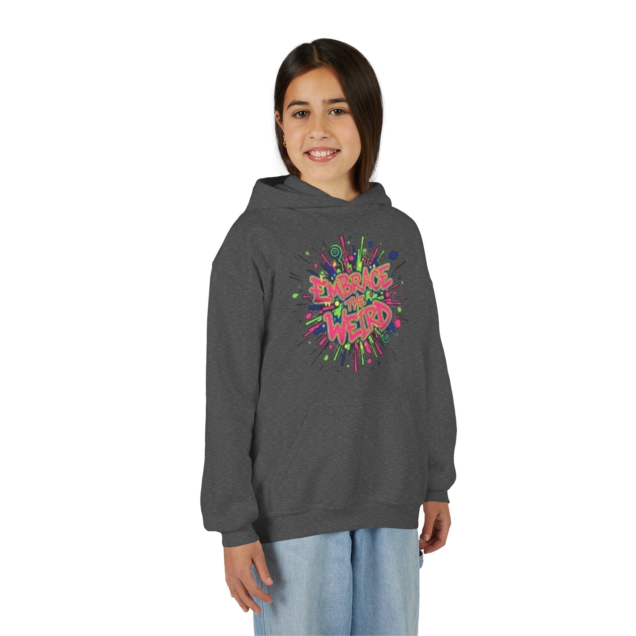 Youth Hoodie — "Embrace the Weird" Colorful Graffiti Graphic