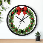 Christmas Holly Wreath Wall Clock — Festive Red Bow Holiday Decor