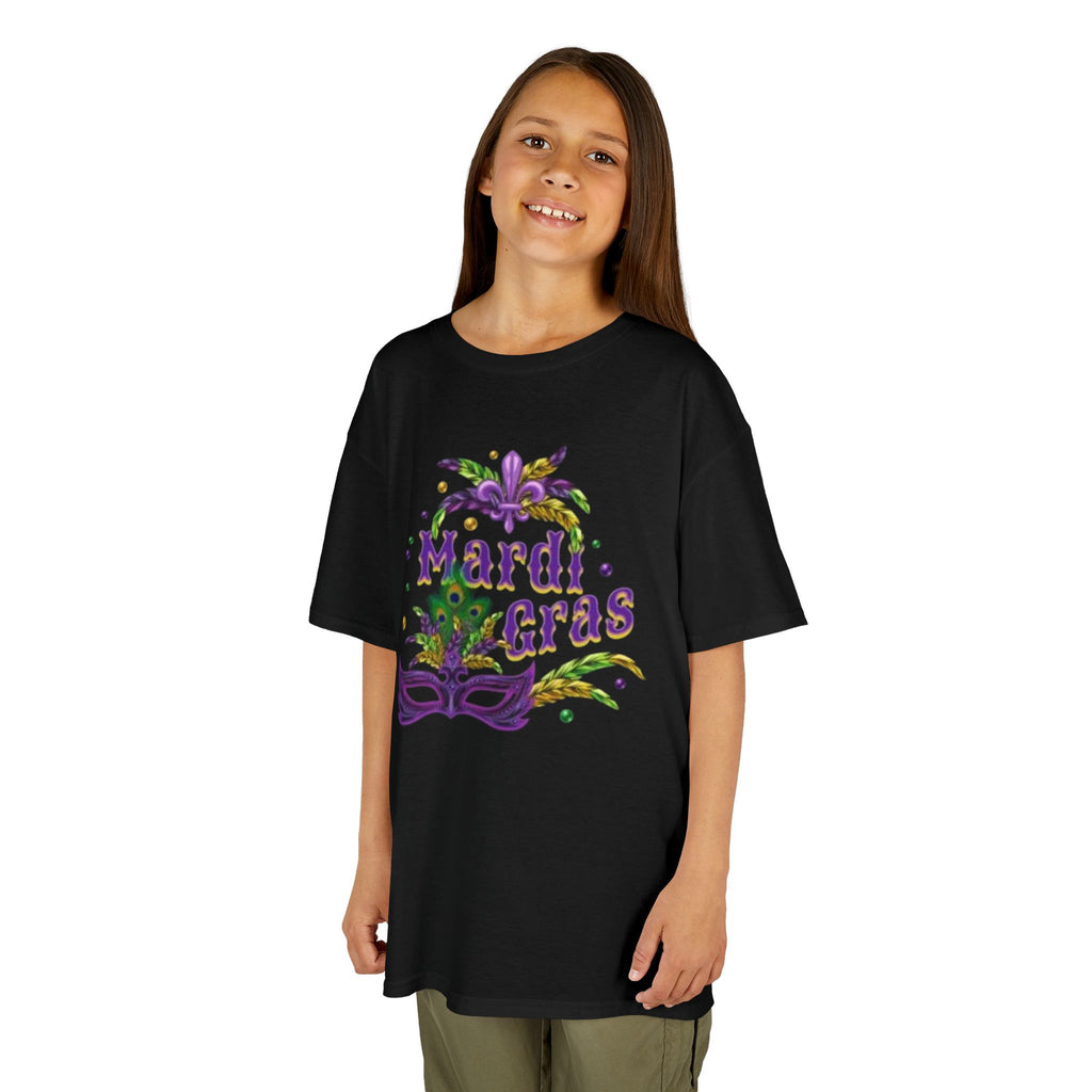 Kids Mardi Gras T-Shirt — Purple & Green Mask Design
