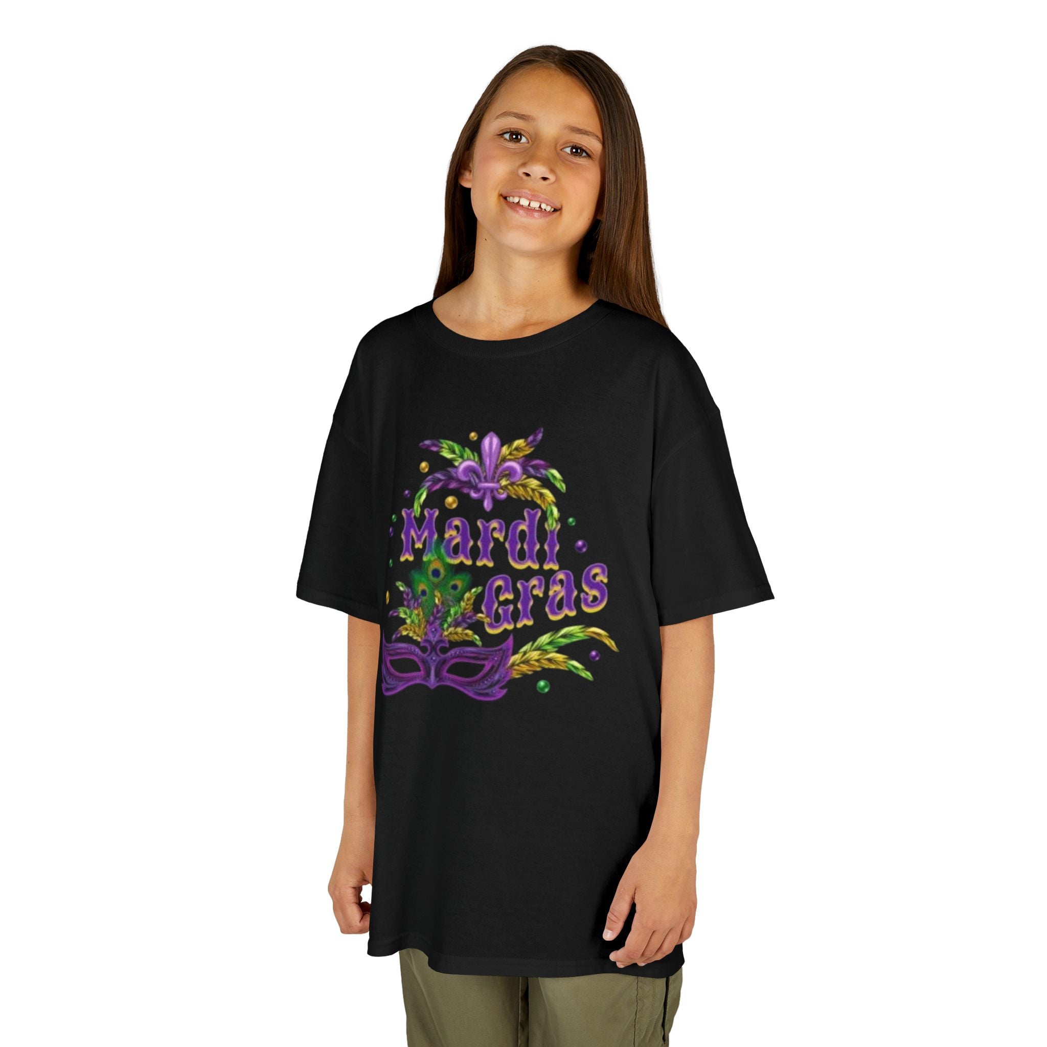 Kids Mardi Gras T-Shirt — Purple & Green Mask Design