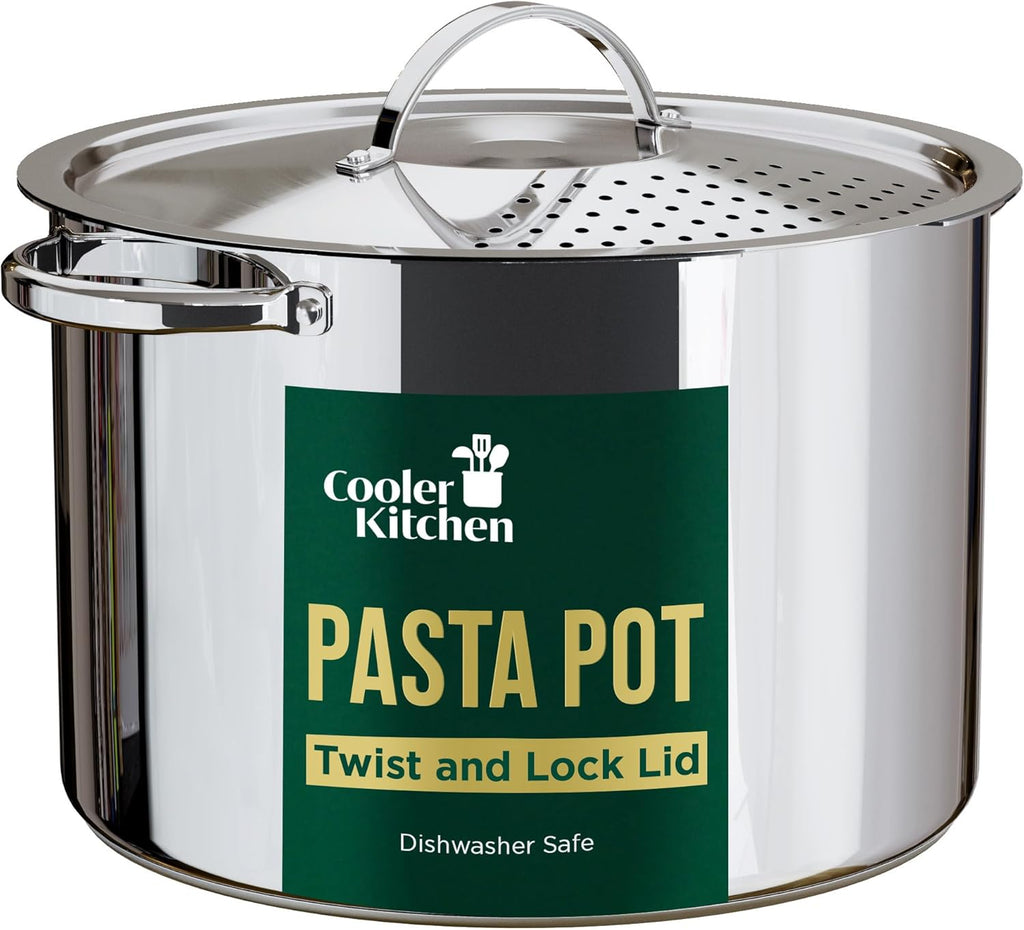 Stainless Steel Pasta Pot with Locking Strainer Lid - 5.5 Quart Large Capacity | Twist & Lock for Easy Drain & No Colander Or Strainer Basket