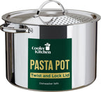Stainless Steel Pasta Pot with Locking Strainer Lid - 5.5 Quart Large Capacity | Twist & Lock for Easy Drain & No Colander Or Strainer Basket