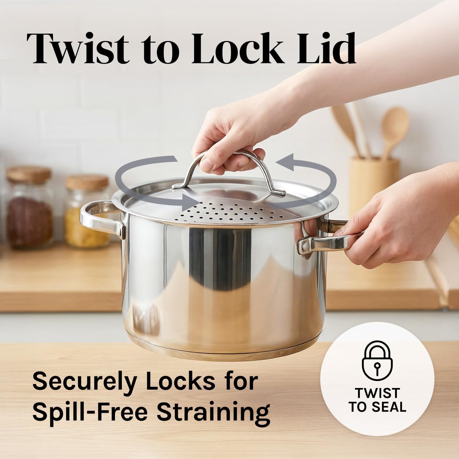 Stainless Steel Pasta Pot with Locking Strainer Lid - 5.5 Quart Large Capacity | Twist & Lock for Easy Drain & No Colander Or Strainer Basket