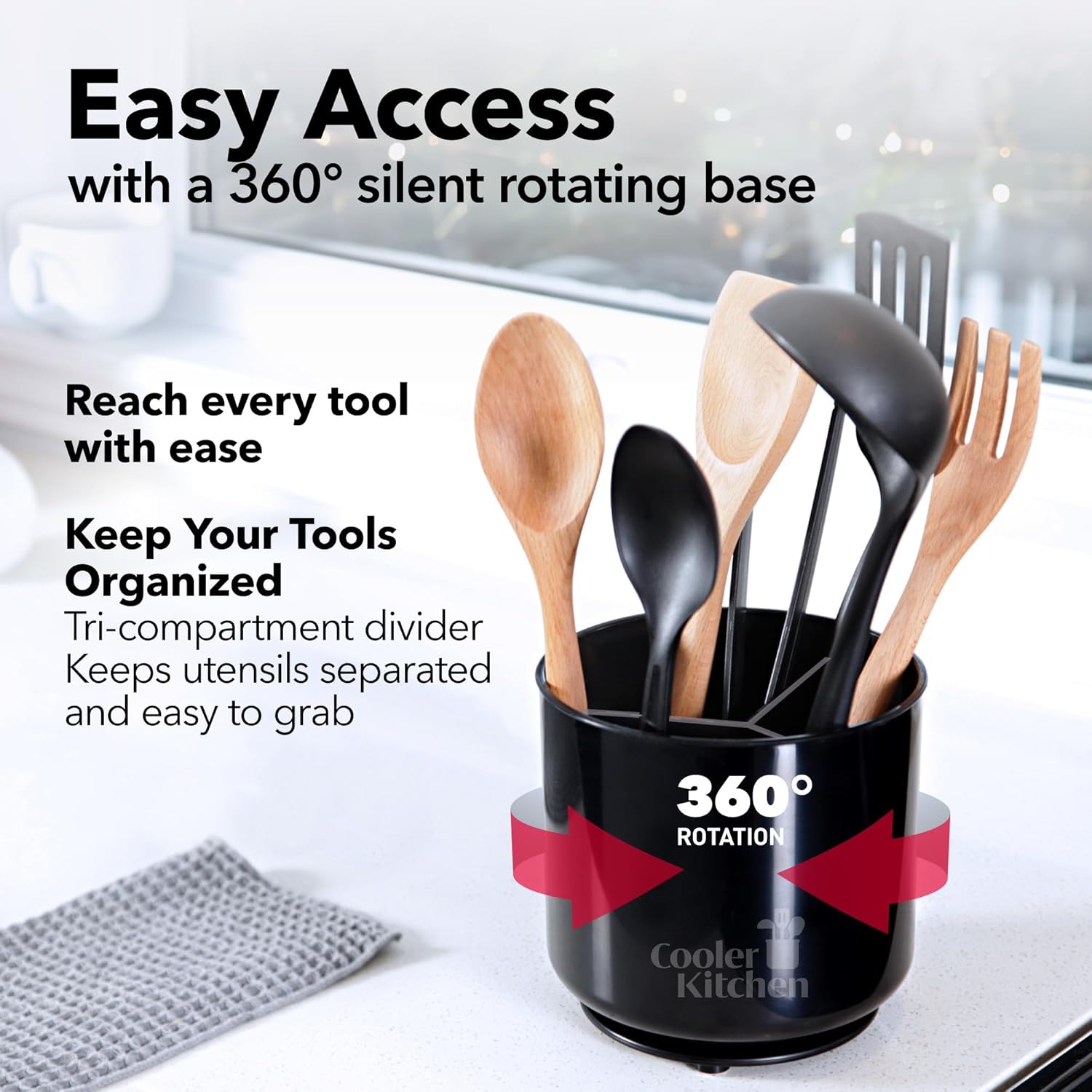 Extra Large and Sturdy Rotating Utensil Holder with No-Tip Weighted Base
