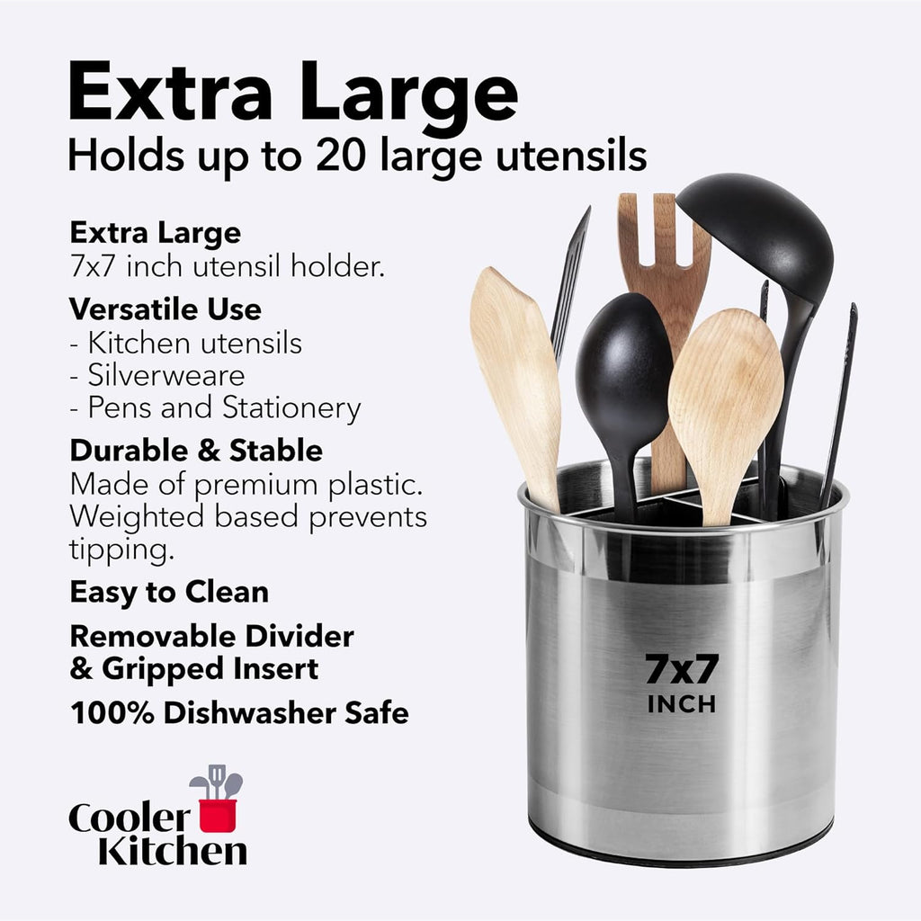 Extra Large Rotating Utensil Holder Caddy with Sturdy No-Tip Weighted Base, Removable Divider, and Gripped Insert: Metal | Rust Proof