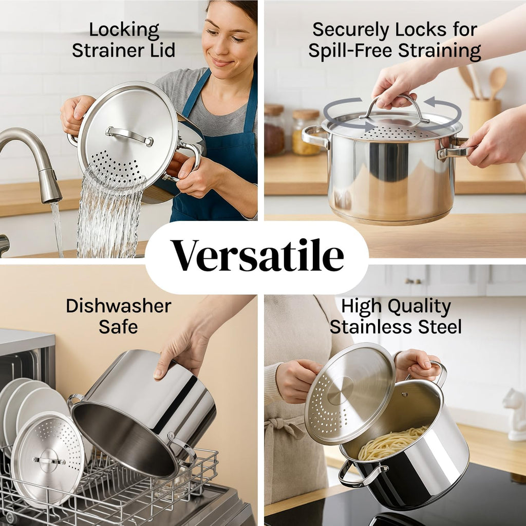 Stainless Steel Pasta Pot with Locking Strainer Lid - 5.5 Quart Large Capacity | Twist & Lock for Easy Drain & No Colander Or Strainer Basket