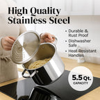 Stainless Steel Pasta Pot with Locking Strainer Lid - 5.5 Quart Large Capacity | Twist & Lock for Easy Drain & No Colander Or Strainer Basket