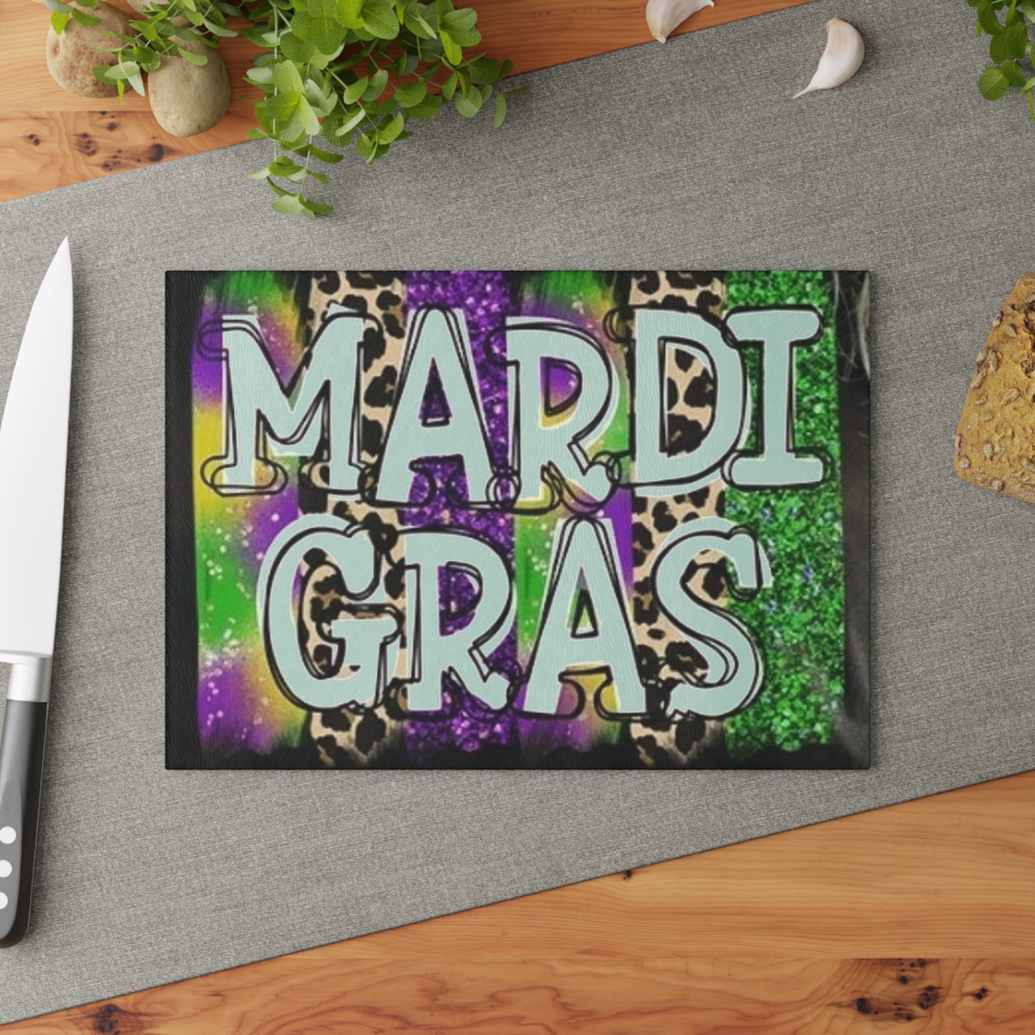 Mardi Gras Glass Cutting Board – Colorful Carnival Kitchen Decor
