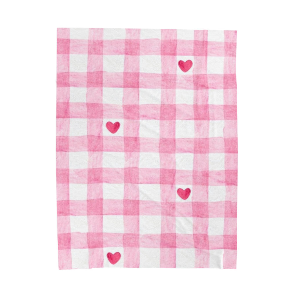 Pink Gingham Heart Velveteen Plush Blanket — Cozy Valentine's Throw