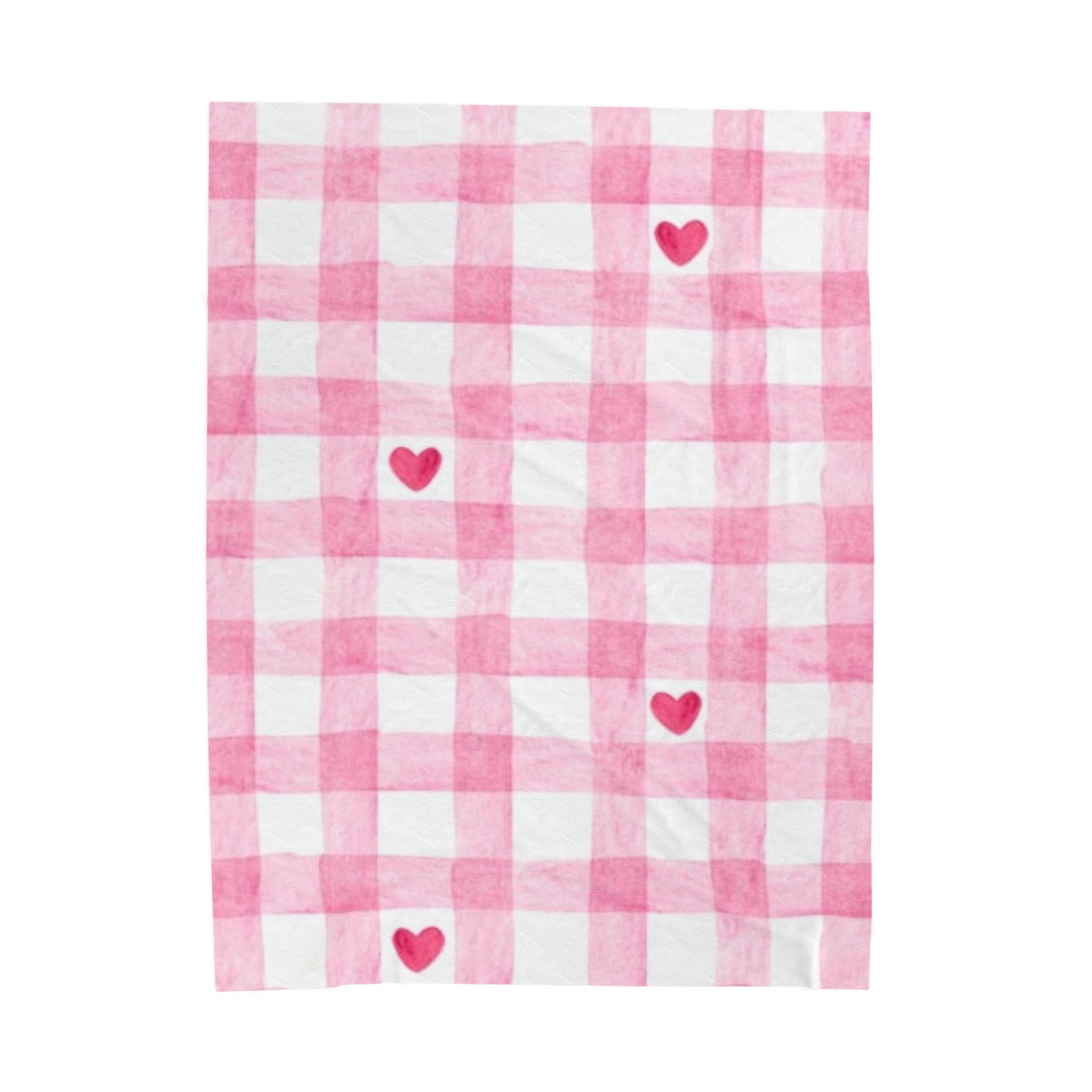 Pink Gingham Heart Velveteen Plush Blanket — Cozy Valentine's Throw