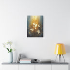 Golden Floral Canvas Print – Abstract White Flowers on Matte Stretched Canvas