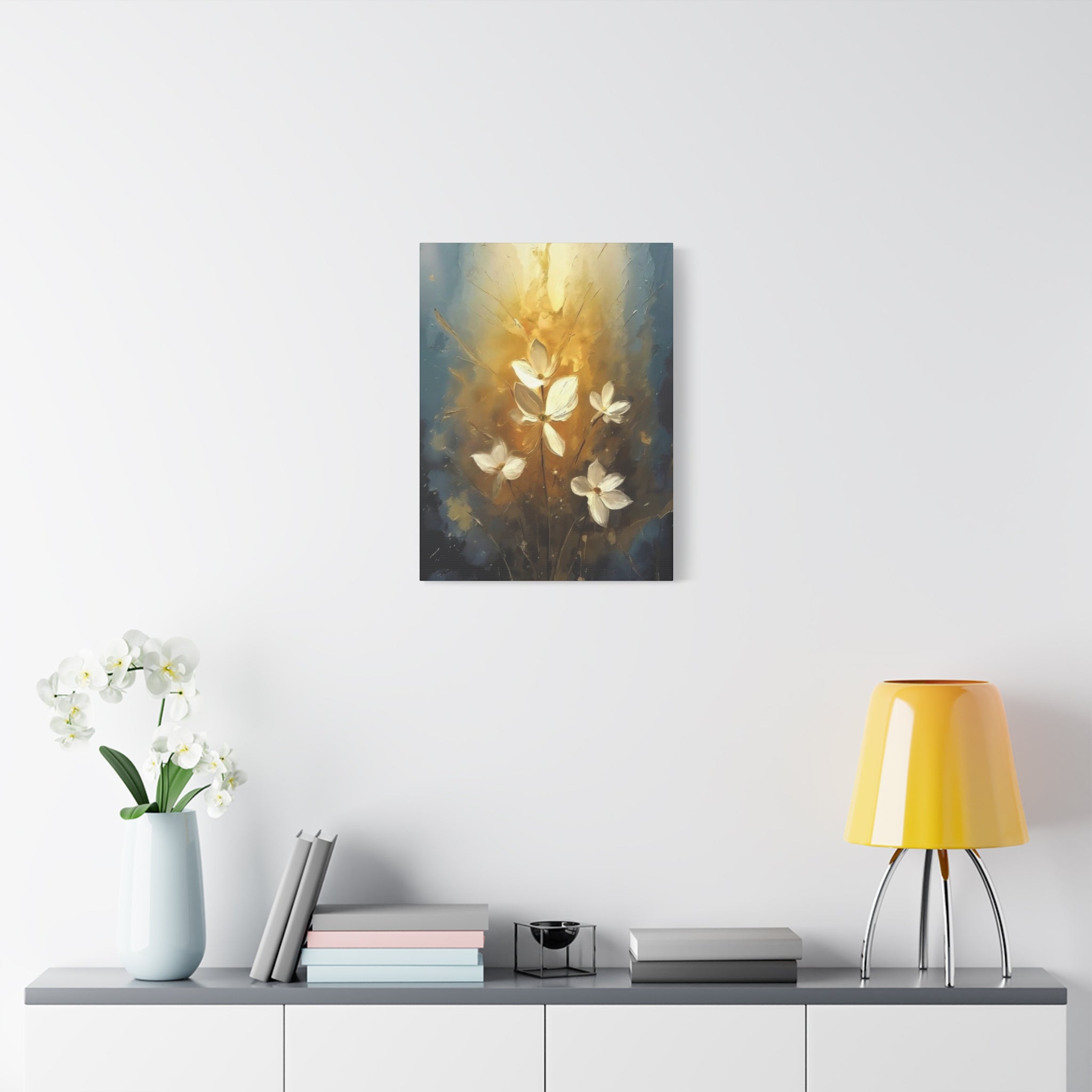 Golden Floral Canvas Print – Abstract White Flowers on Matte Stretched Canvas