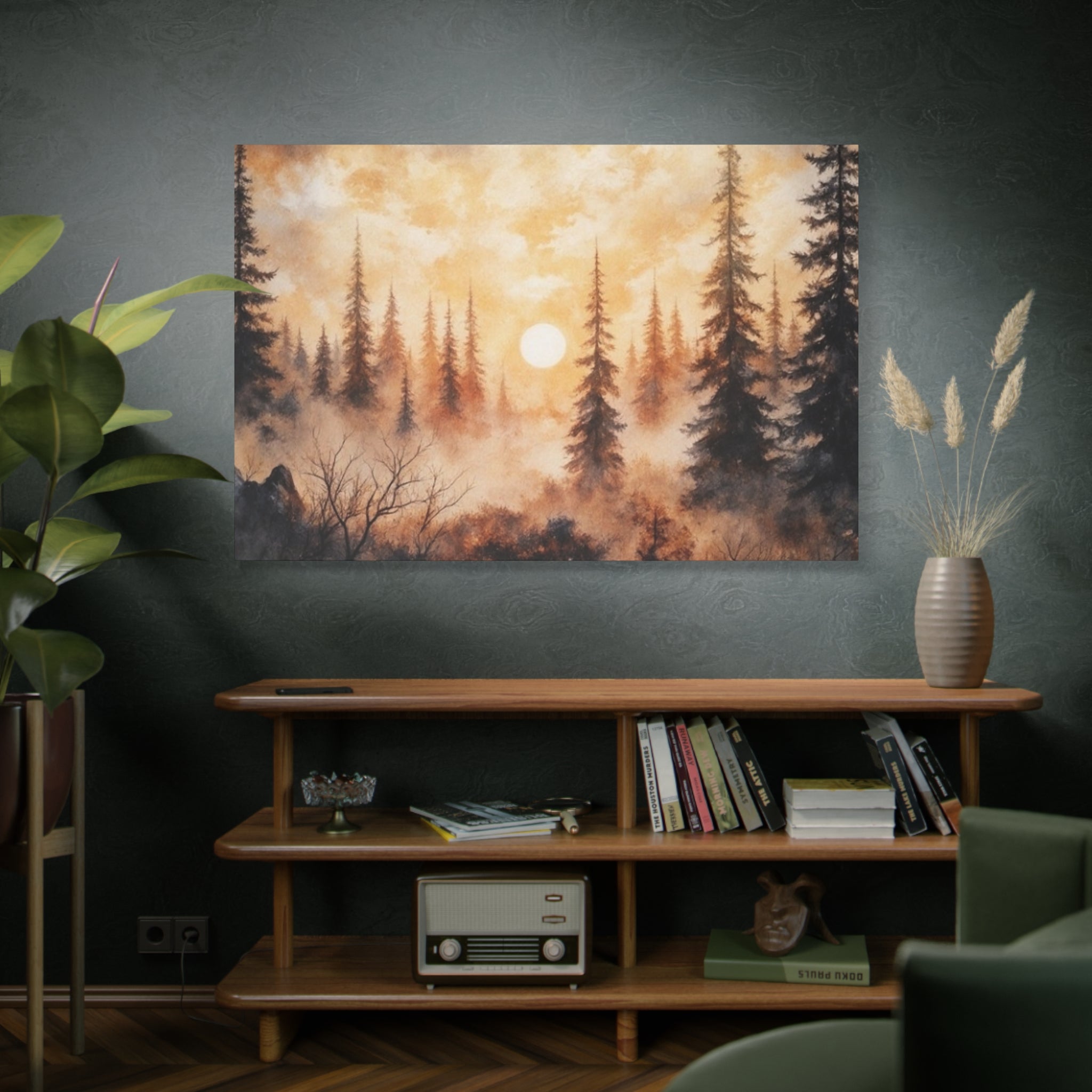 Canvas Wall Art - Misty Pine Forest Sunrise Matte Stretched Canvas