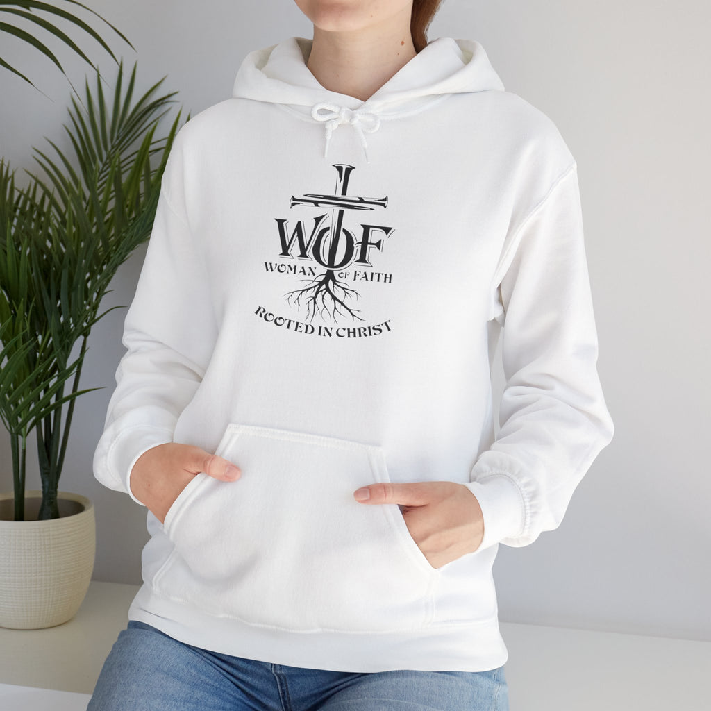 Hoodie — "W.O.F. Woman of Faith" Cross Christian Graphic Pullover