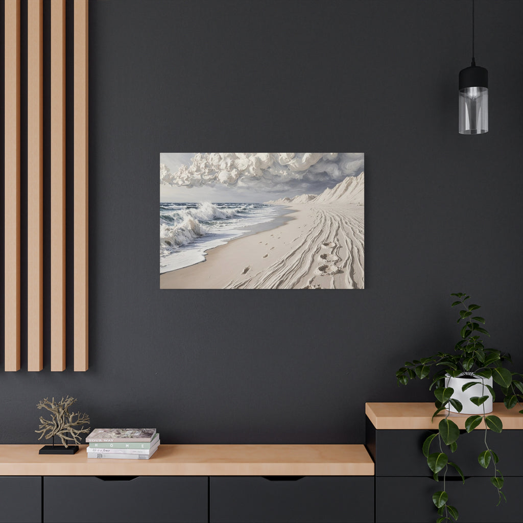Coastal Serenity Matte Canvas Wall Art — Ocean Waves & Sandy Footprints