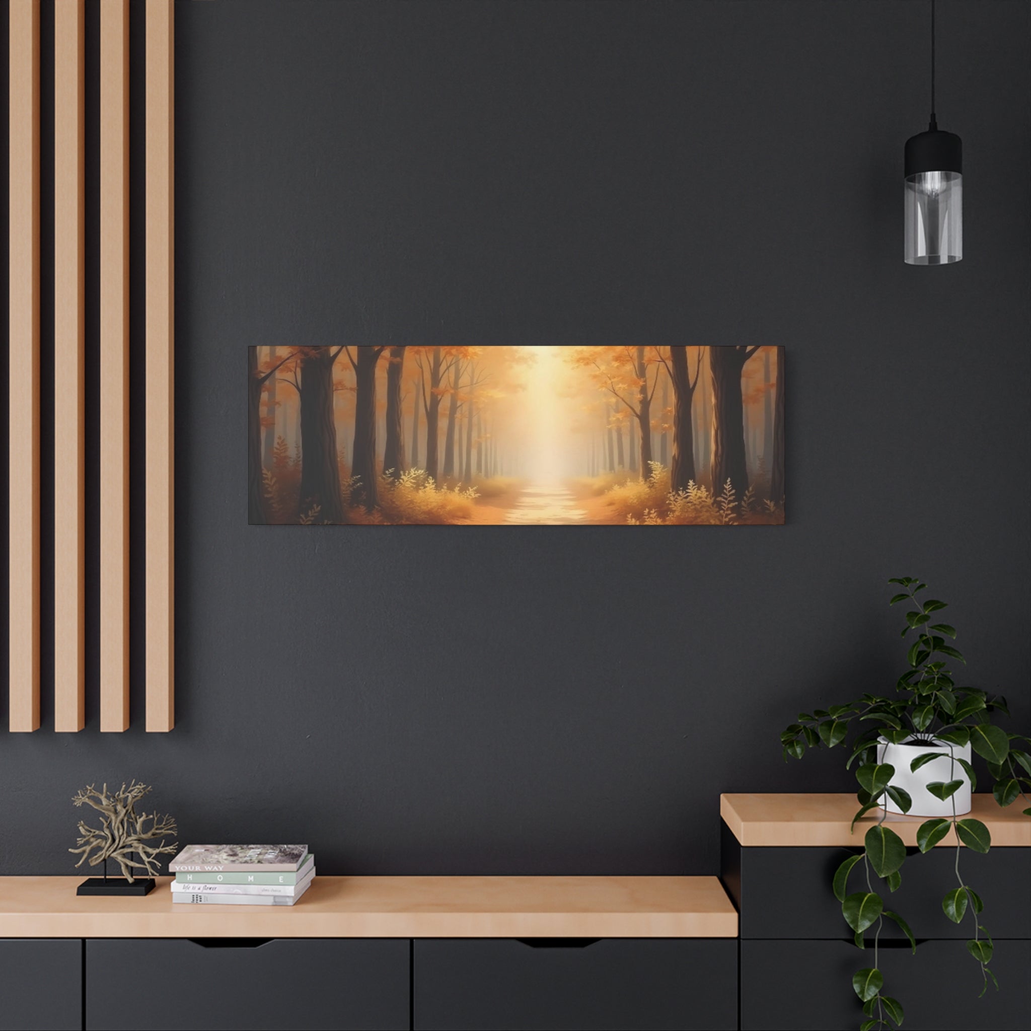 Autumn Forest Path Matte Canvas Wall Art — Golden Sunlit Woodland Scene