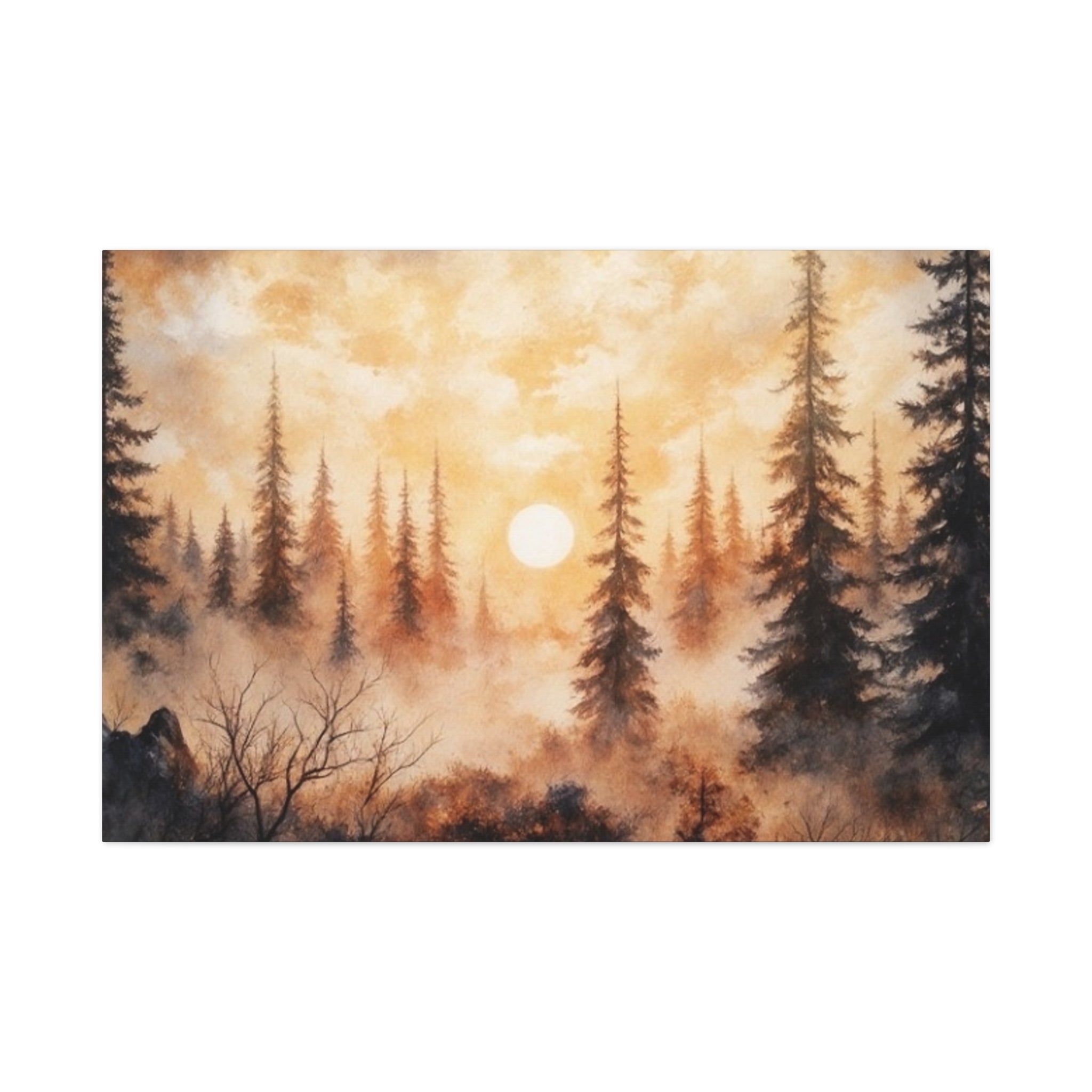 Canvas Wall Art - Misty Pine Forest Sunrise Matte Stretched Canvas
