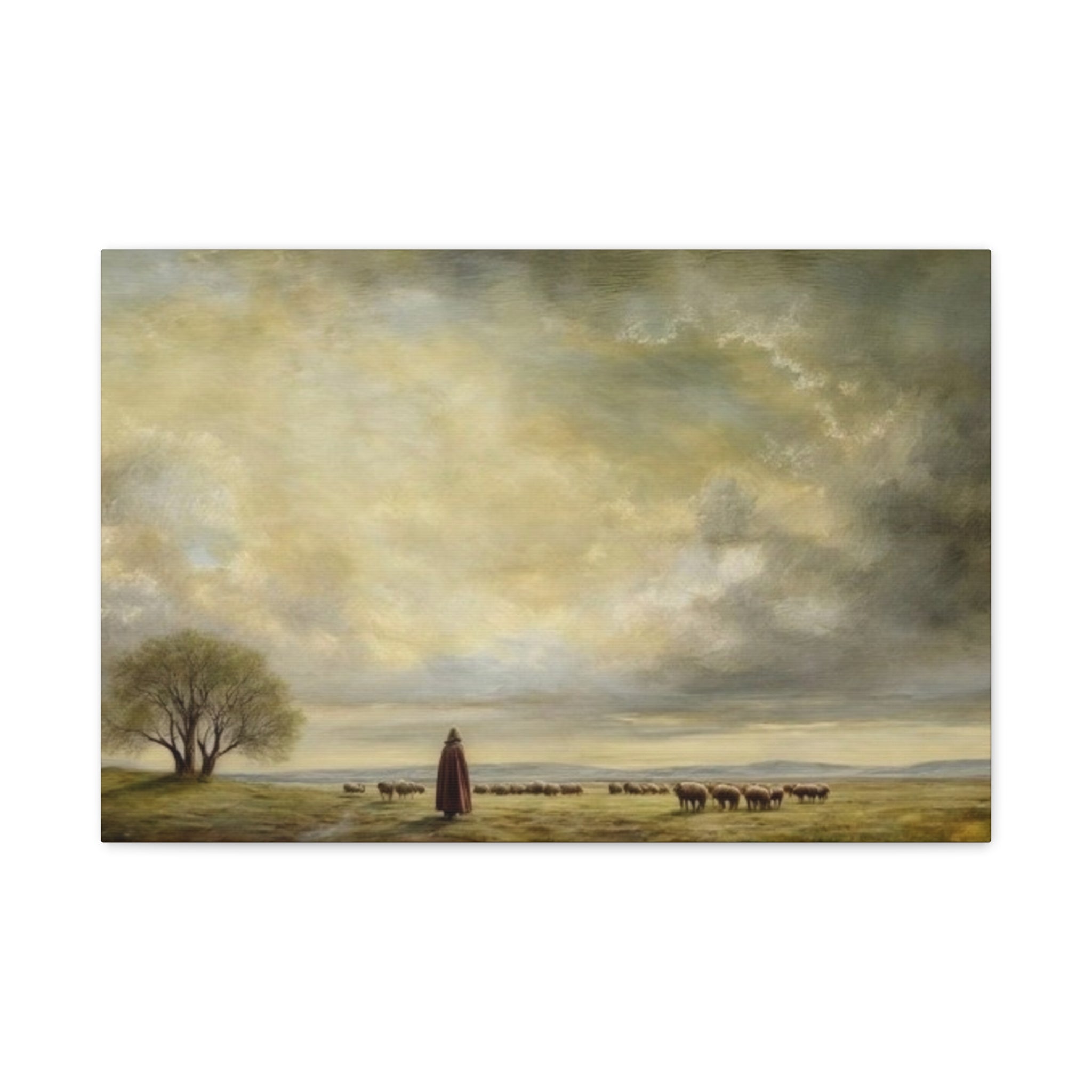 Shepherd in Pastoral Landscape Matte Canvas Print
