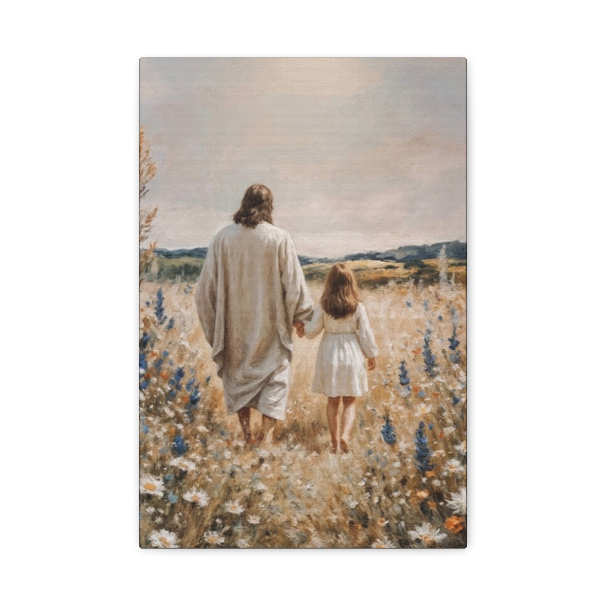 Jesus and Child Walking in Field Canvas Art - Religious Wall Decor