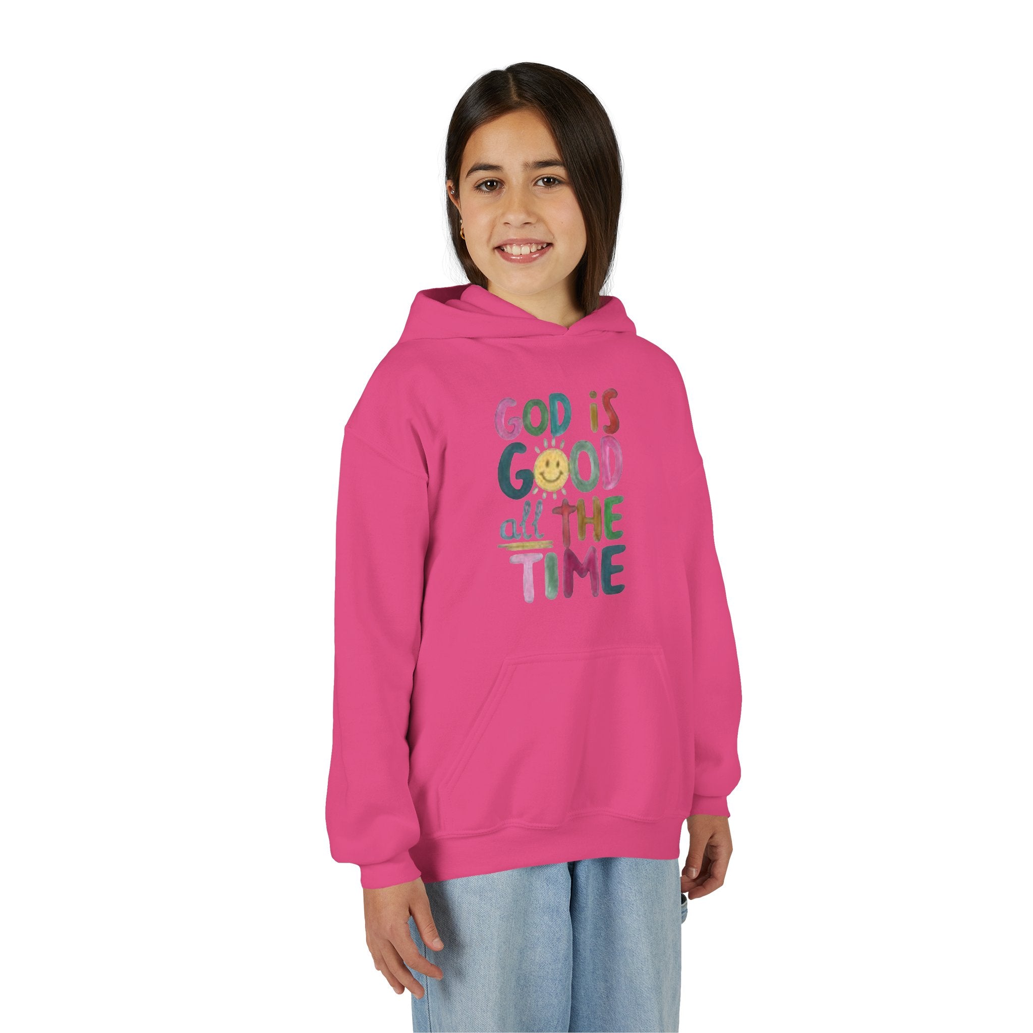 Youth Hoodie — "God Is Good All The Time" Colorful Faith Pullover
