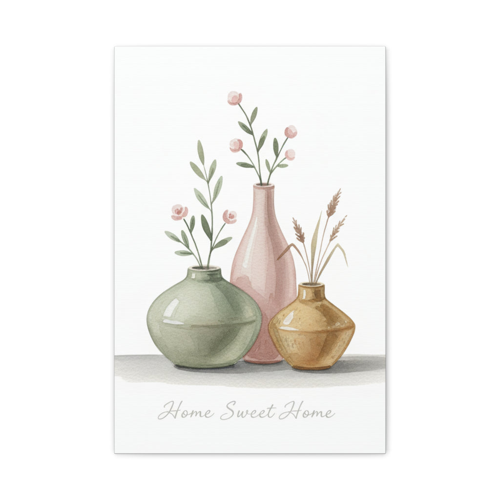 Home Sweet Home Canvas Wall Art — Pastel Vases Still Life Matte Stretched Canvas
