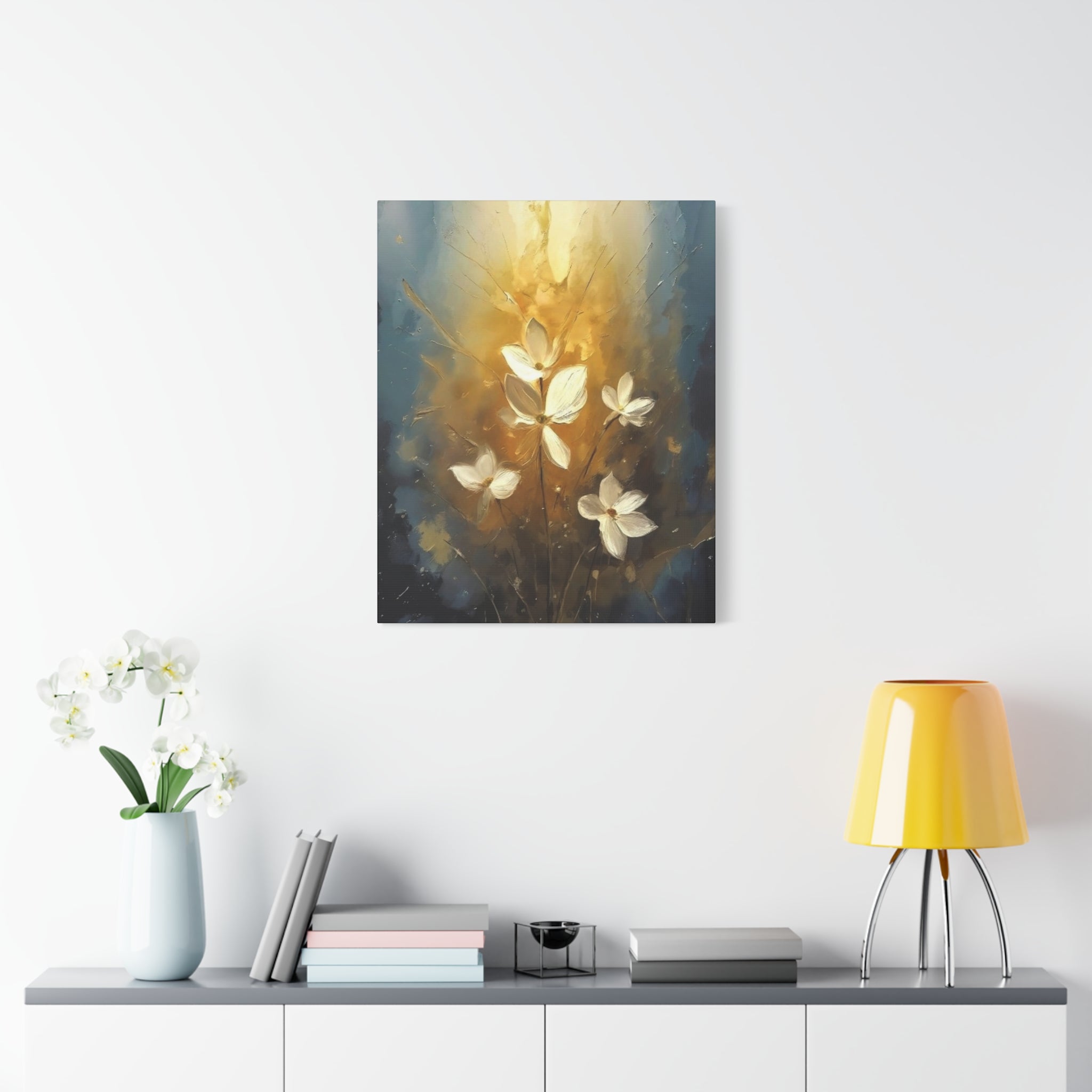 Golden Floral Canvas Print – Abstract White Flowers on Matte Stretched Canvas
