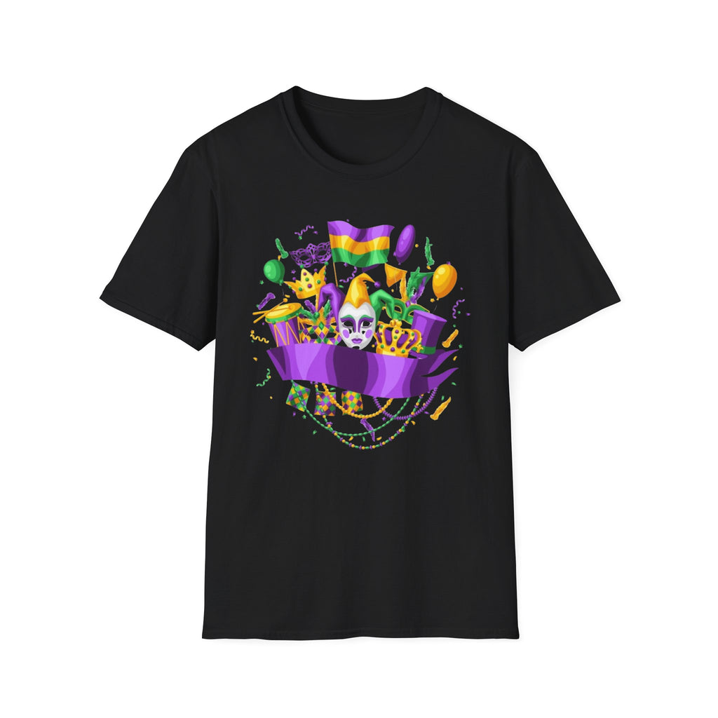 Mardi Gras Carnival T-Shirt — Festive Mask, Beads & Balloon Design