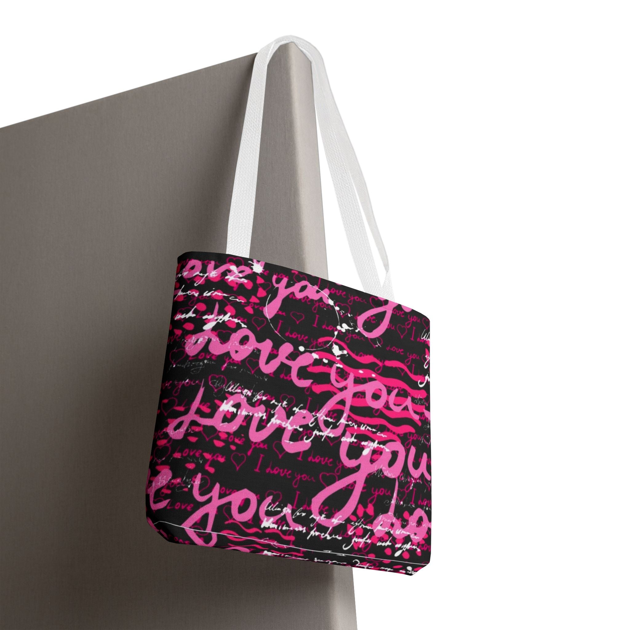 Love You Script Pattern Tote Bag – Pink Graffiti All-Over Print