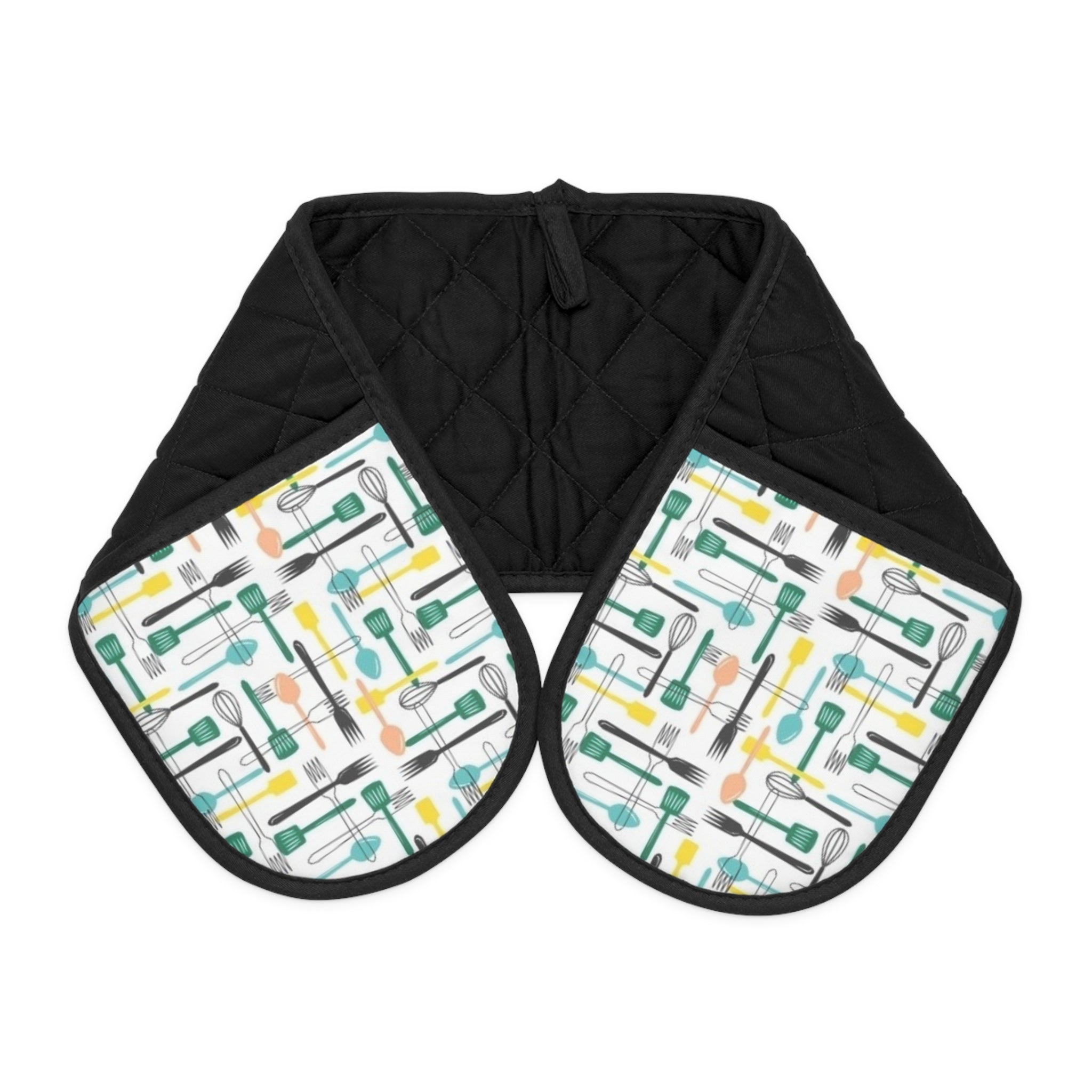 Retro Kitchen Oven Mitts - Double-Handled Pot Holder with Utensil Print
