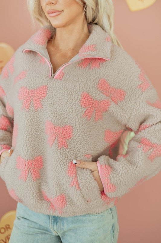 Valentine Bow Sherpa Quarter Zip Sweatshirt