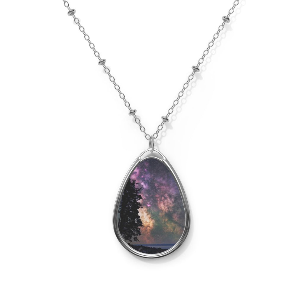Oval Galaxy Pendant Necklace — Starry Night Teardrop Photo Locket